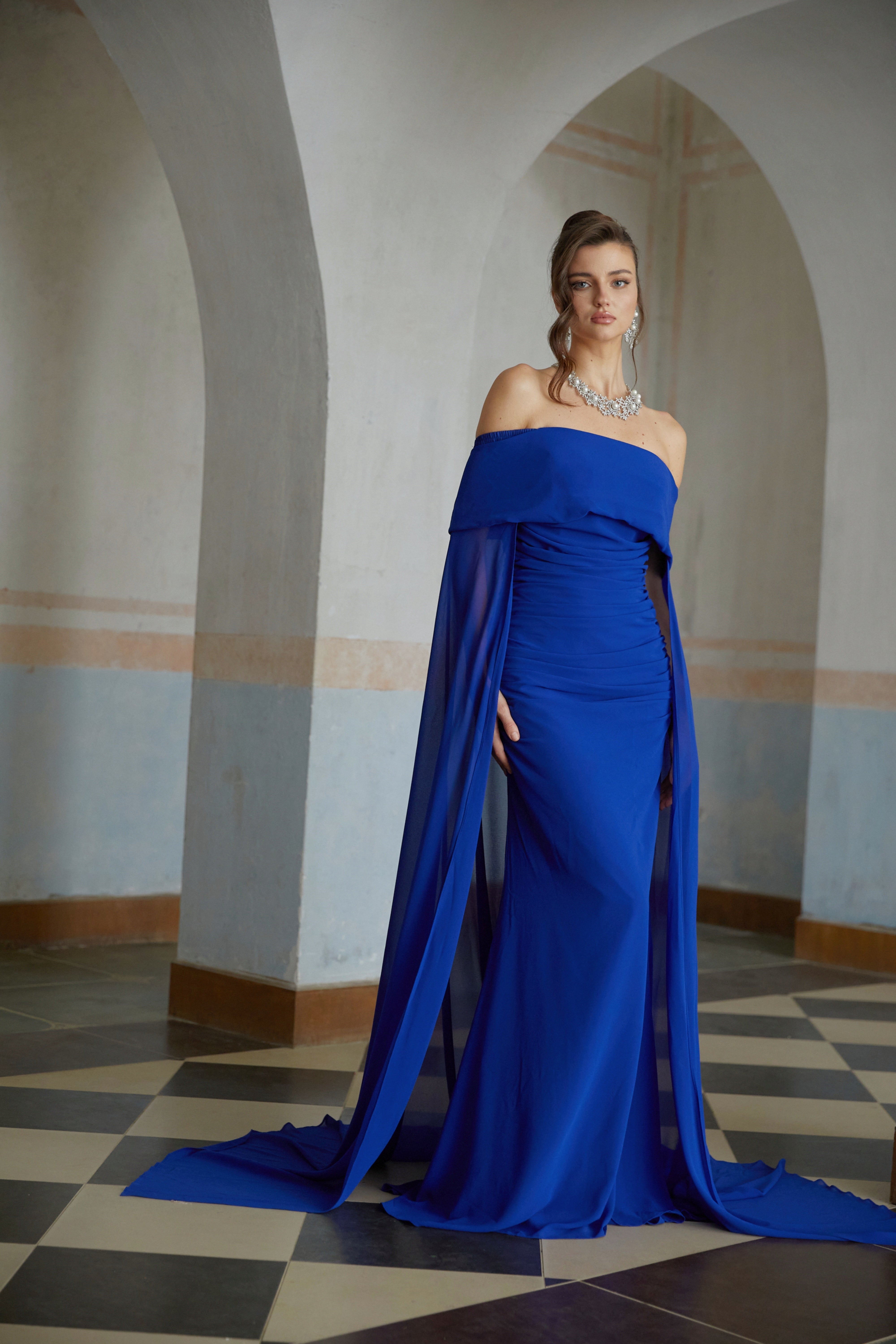 Jovie Blue Cape Design Ruched Maxi Gown (Final Sale)