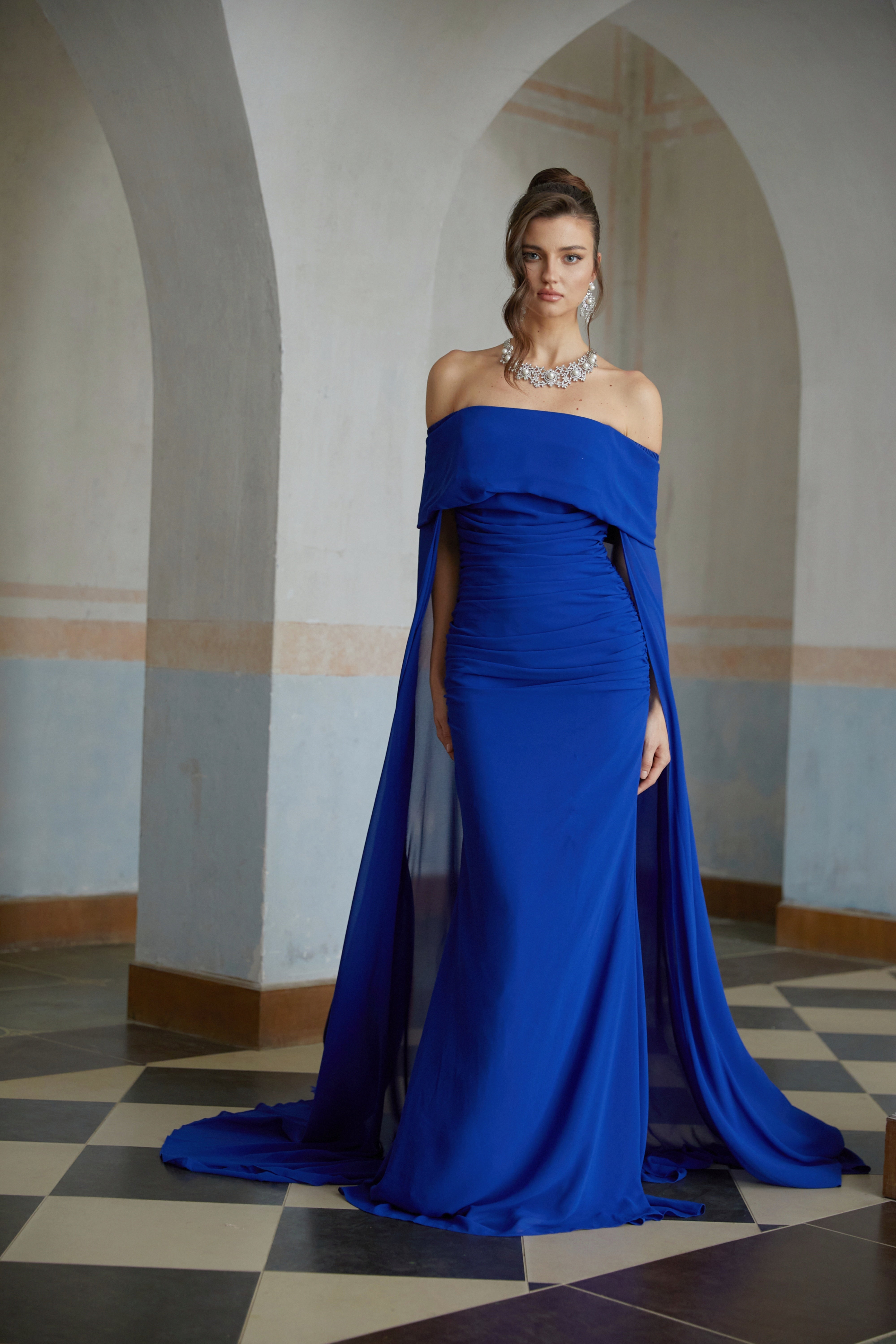 Jovie Blue Cape Design Ruched Maxi Gown (Final Sale)