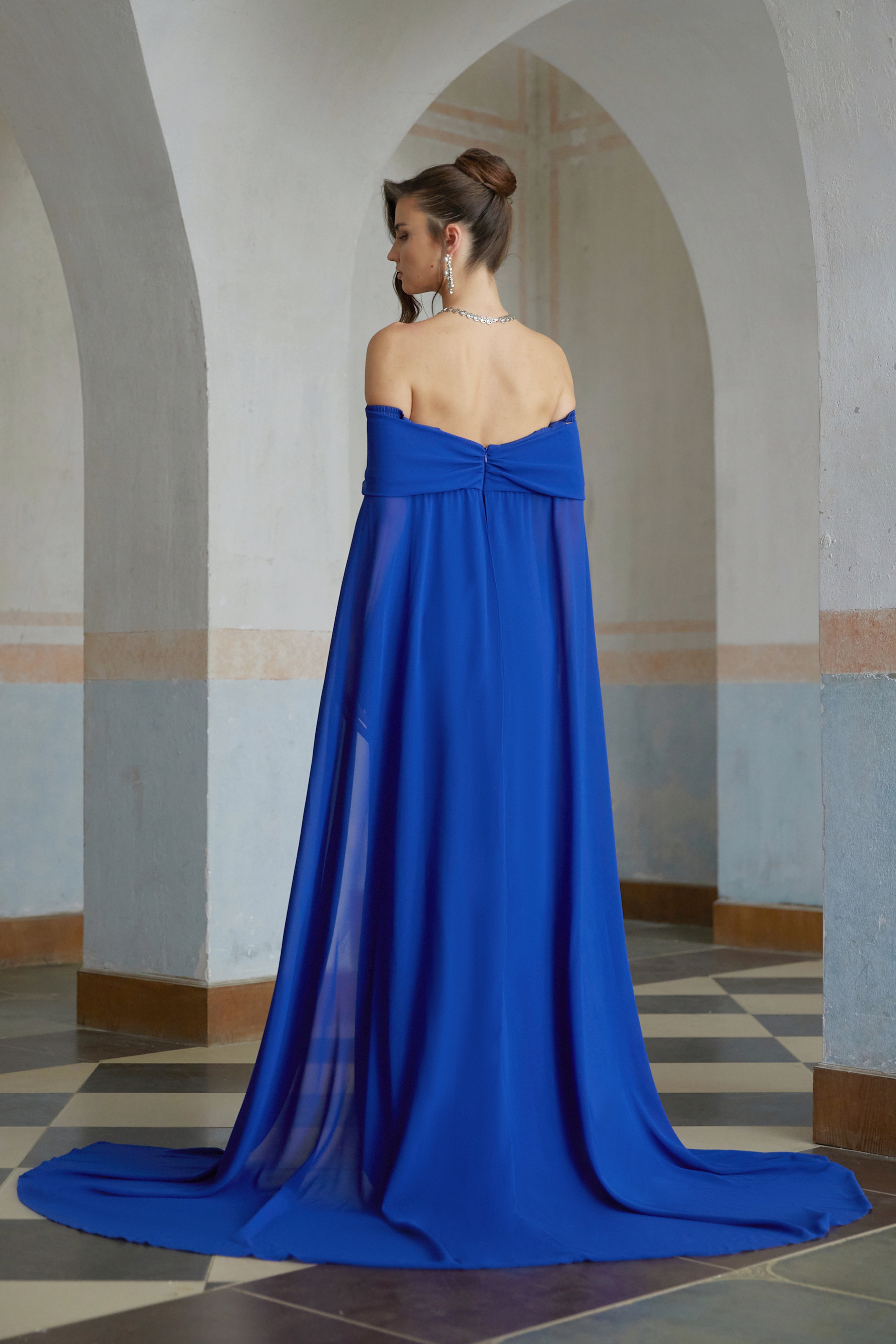 Jovie Blue Cape Design Ruched Maxi Gown (Final Sale)