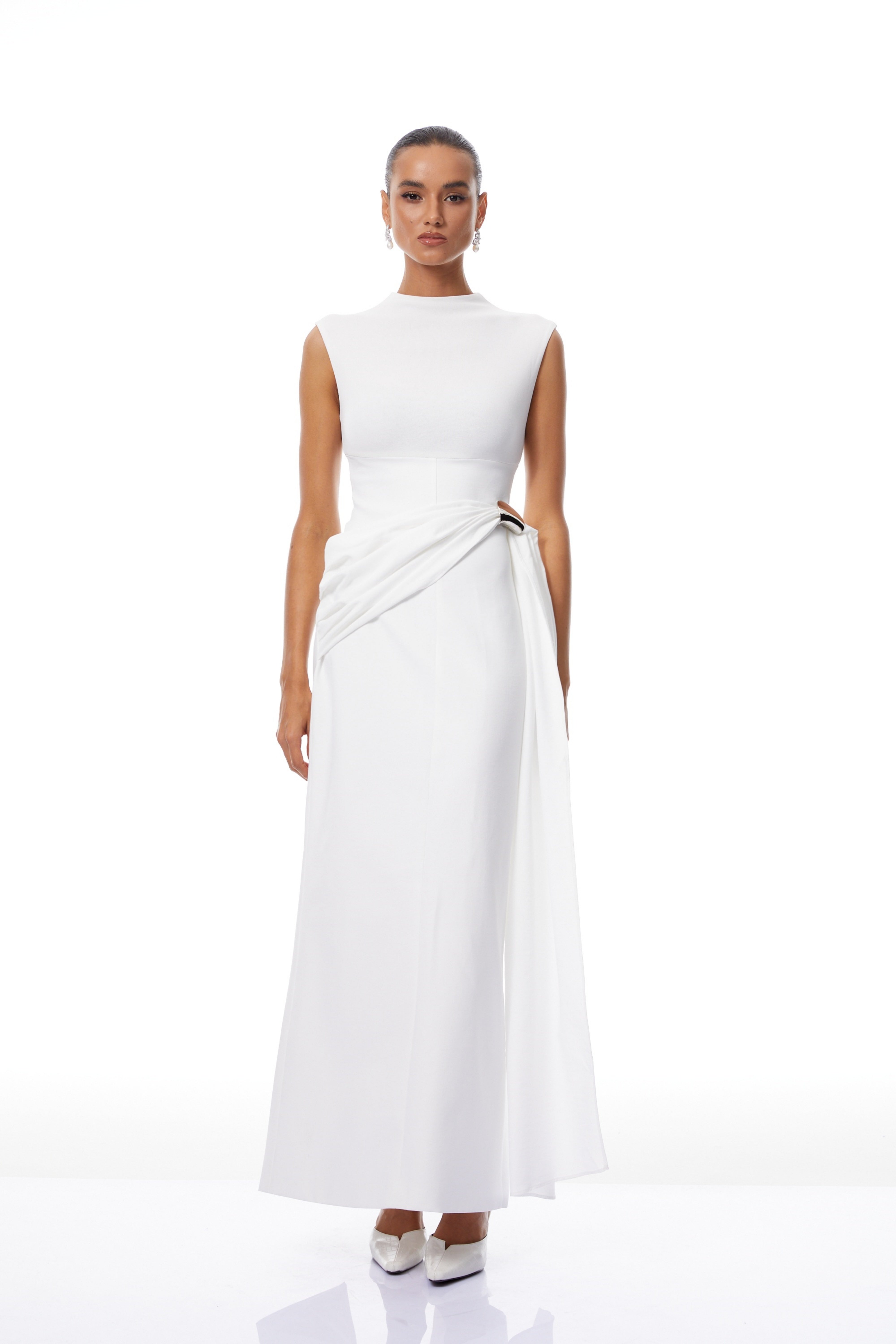 Arna White Knit Panel Gathered Maxi Dress (Final Sale)