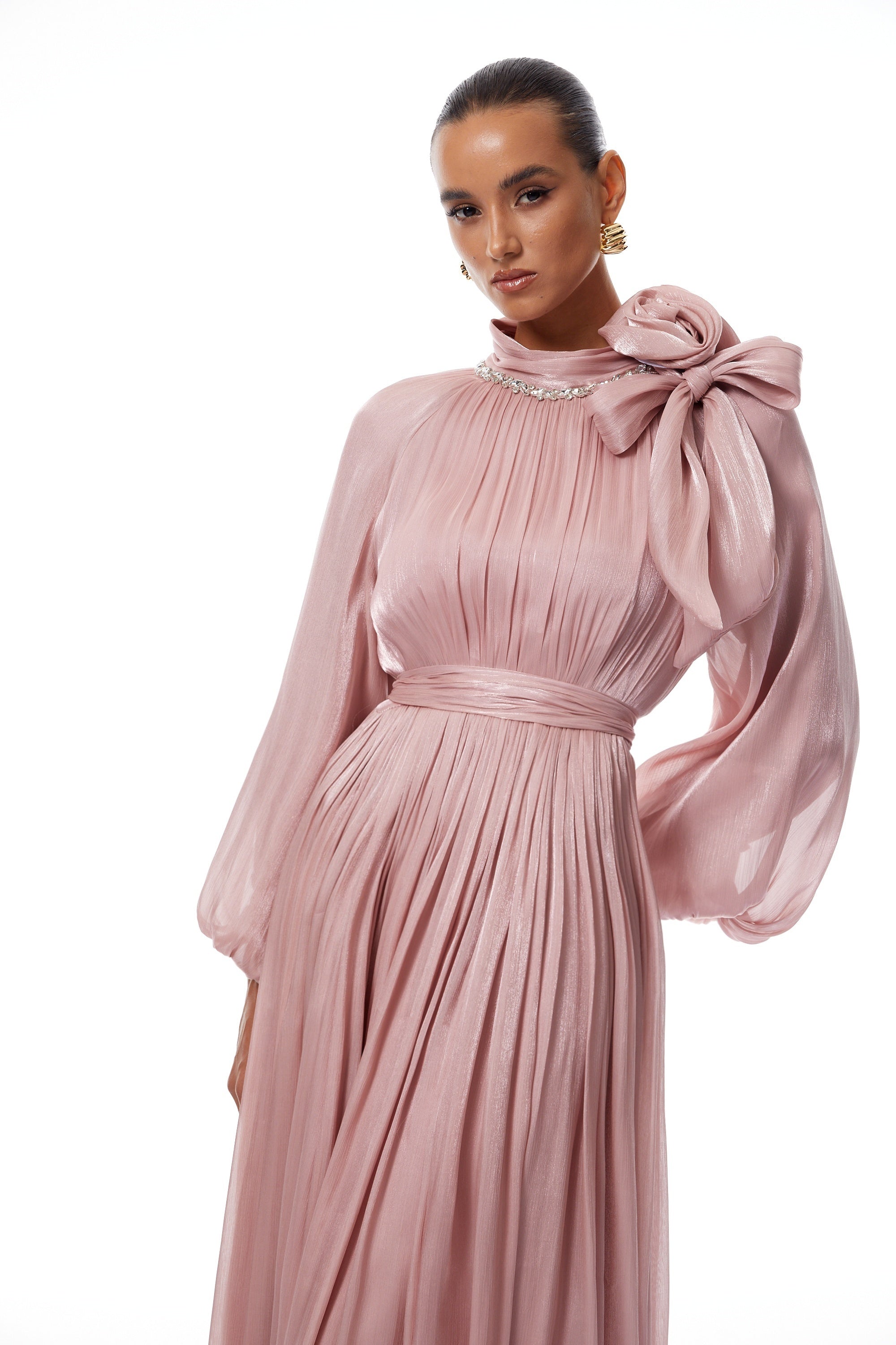Birna Pink Floral Pleated Glossy Maxi Dress (Final Sale)