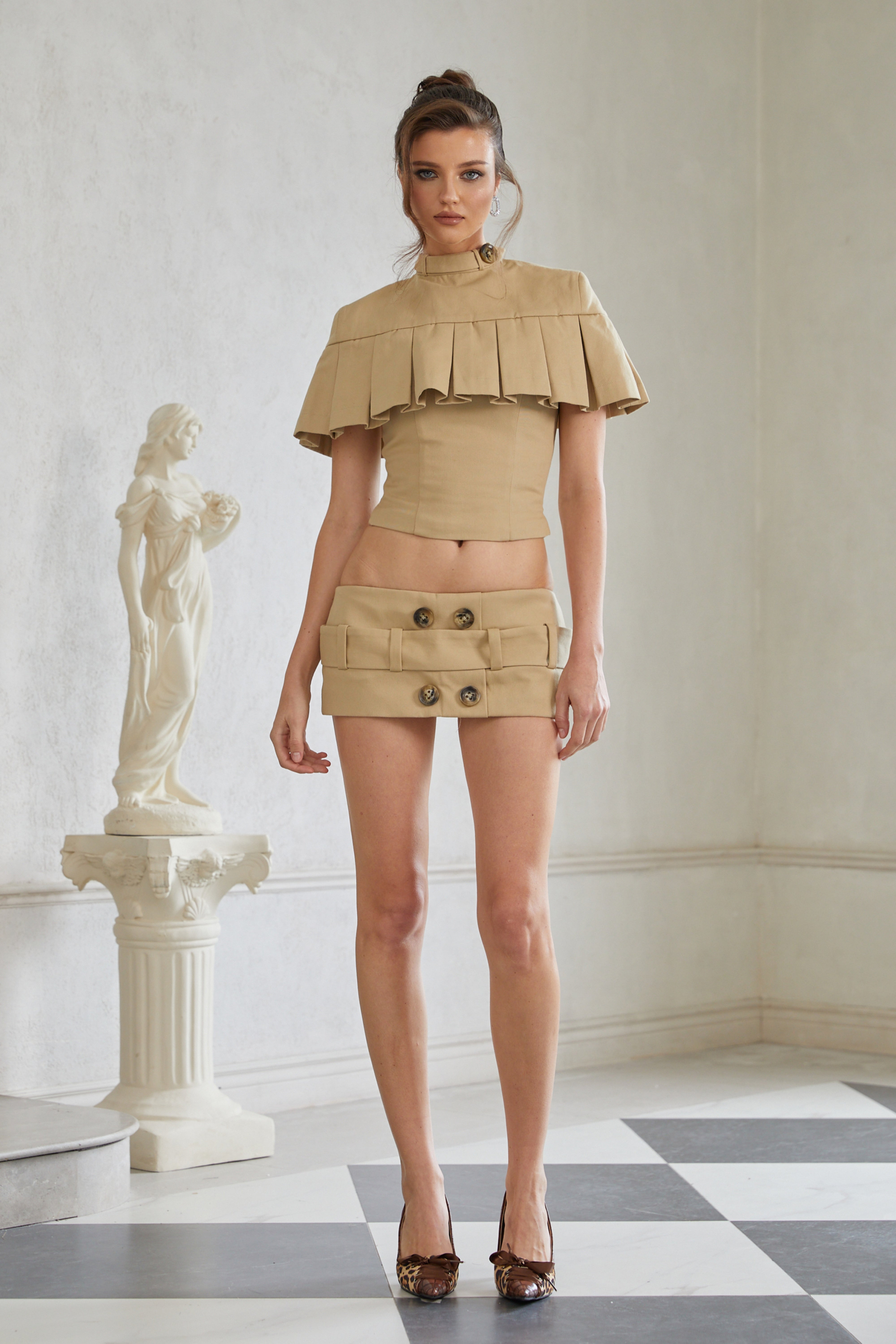 Antonella Khaki Pleated Cape Top & Pencil Skirt Set