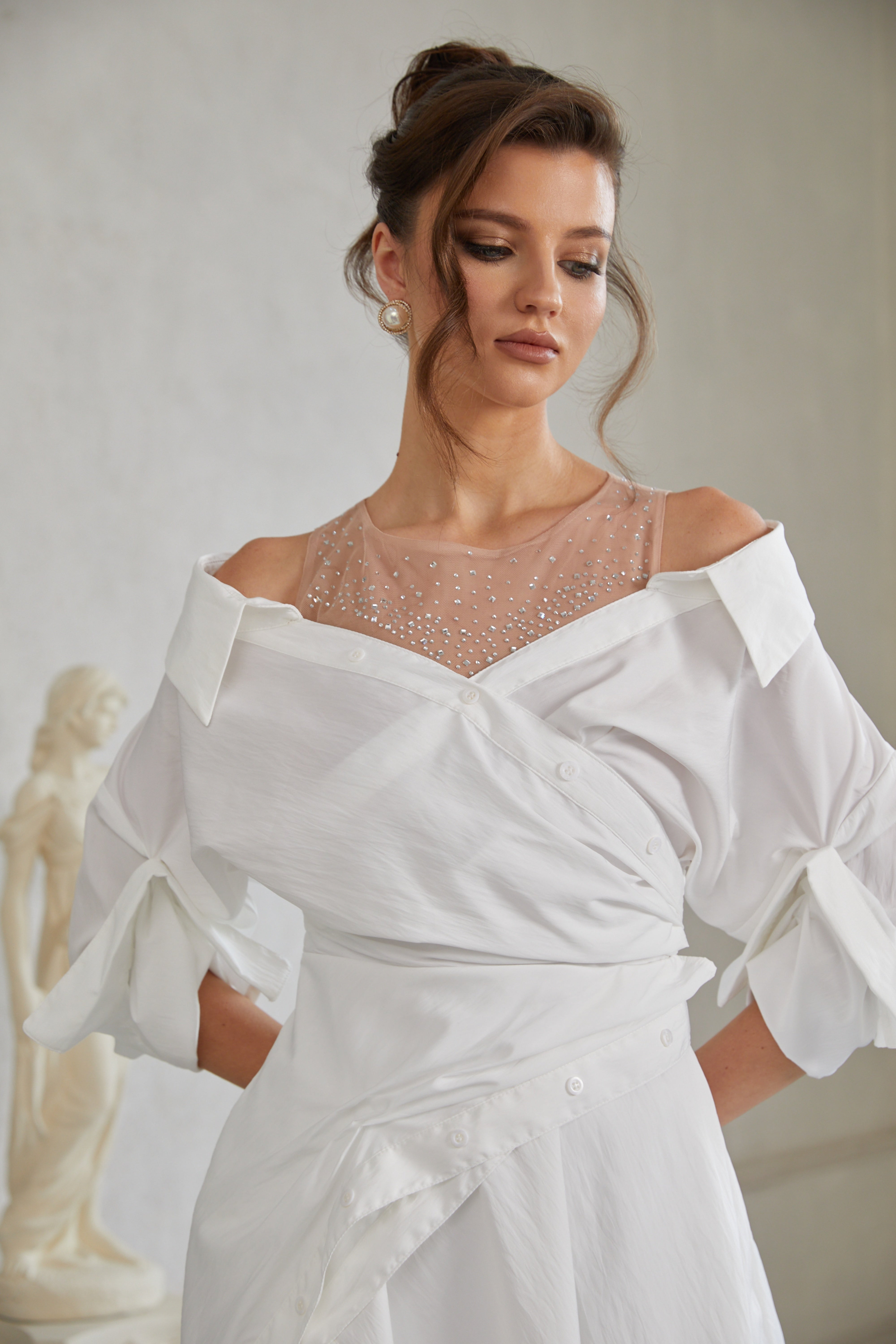 Jamie White Asymmetrical Gathered Mini Shirt Dress (Final Sale-US Only)