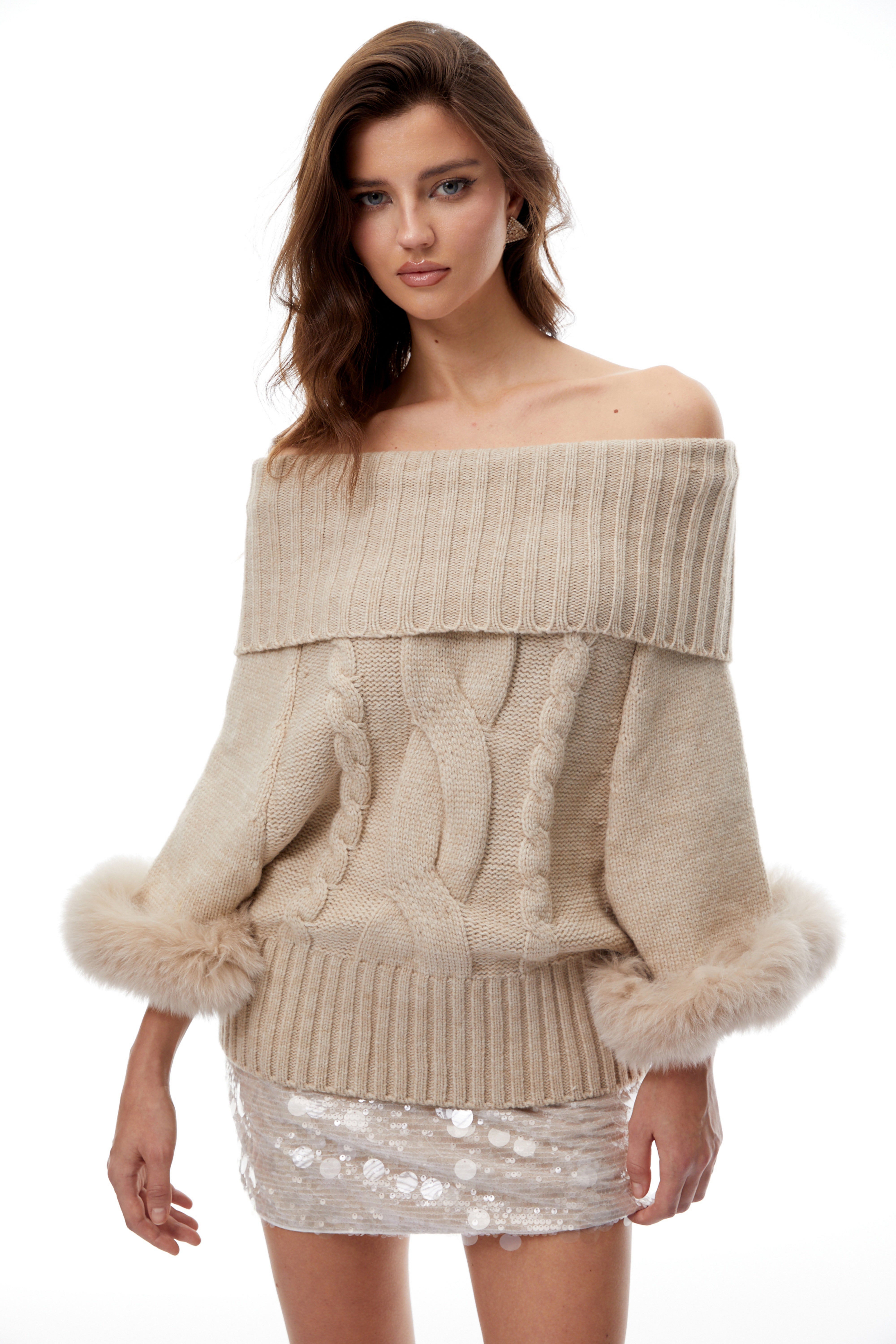 Layla Neutral Fur Trim Cable Knit Sweater (Final Sale-US Only)