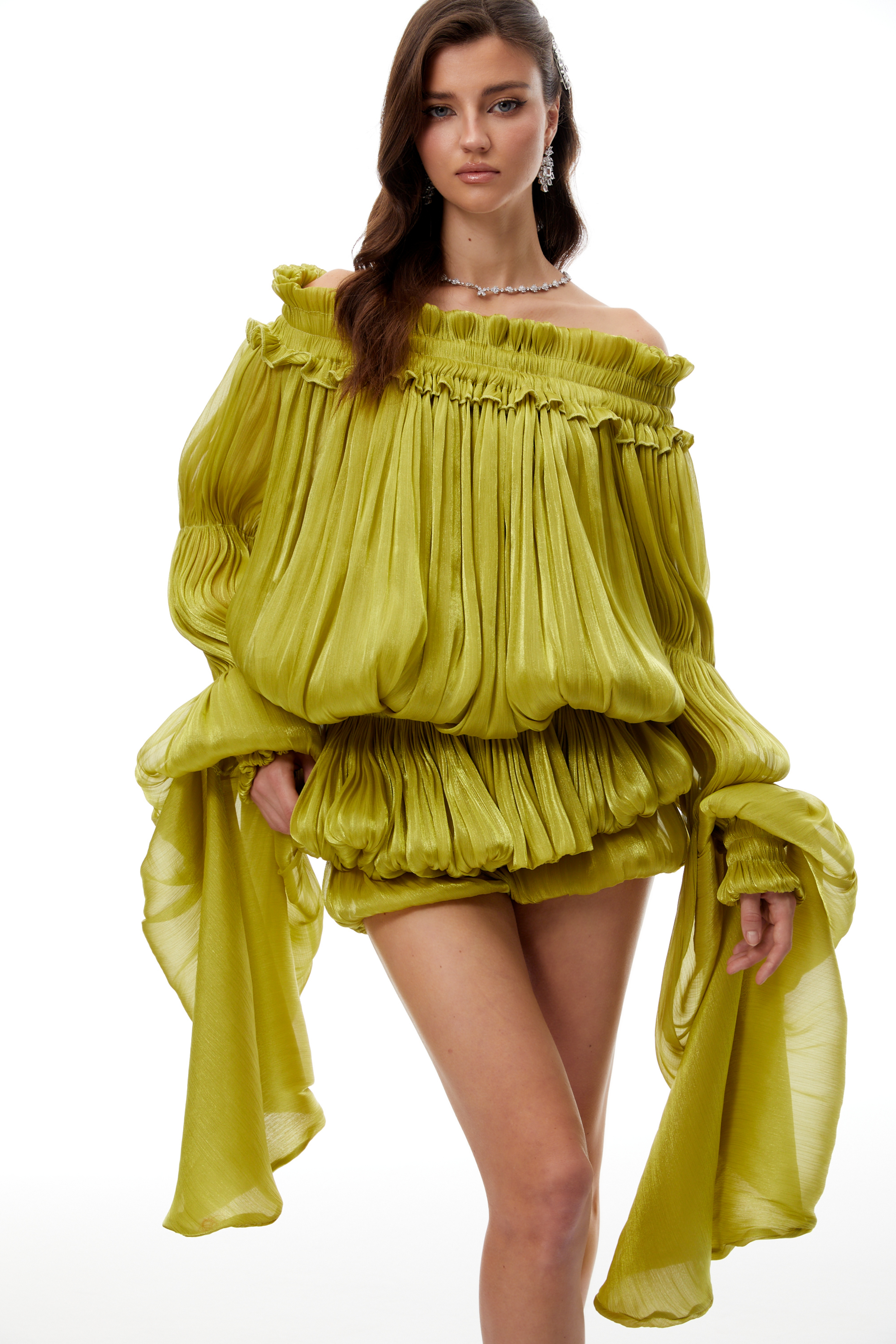 Off Shoulder Shirred Glossy Mini Dress