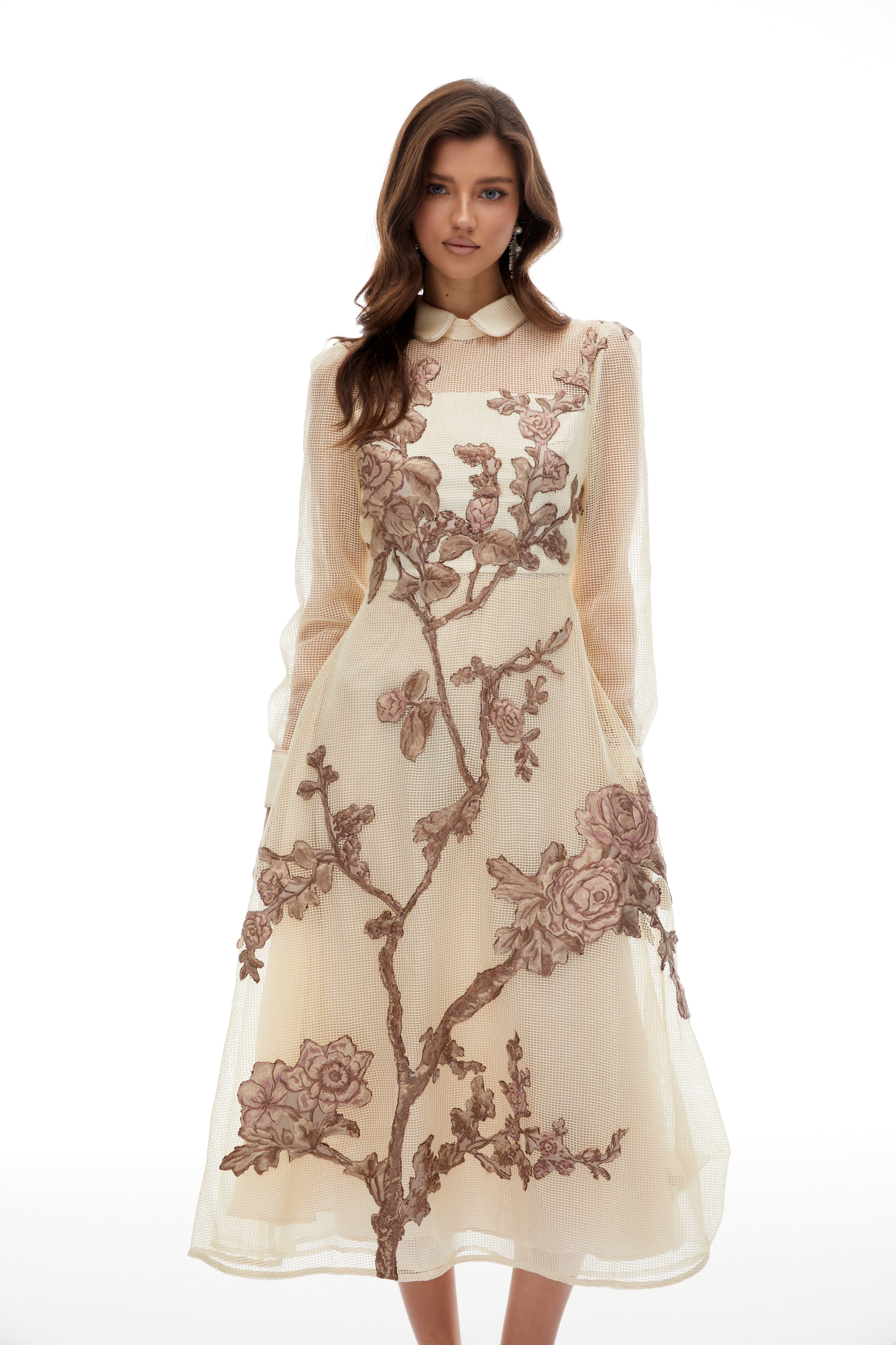 Ginevra Neutral Floral Appliqué Crochet Midi Dress (Final Sale)