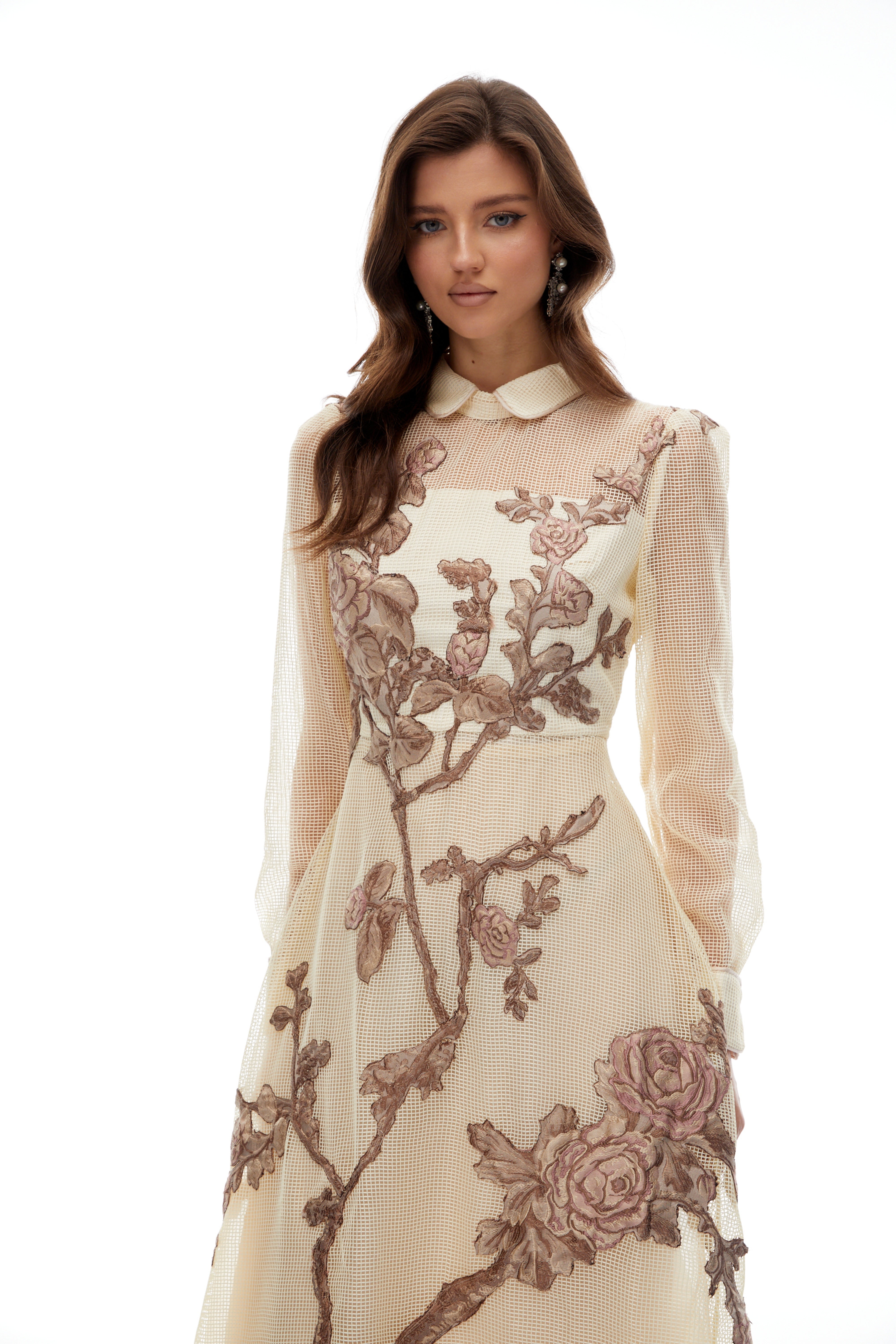 Ginevra Neutral Floral Appliqué Crochet Midi Dress (Final Sale)