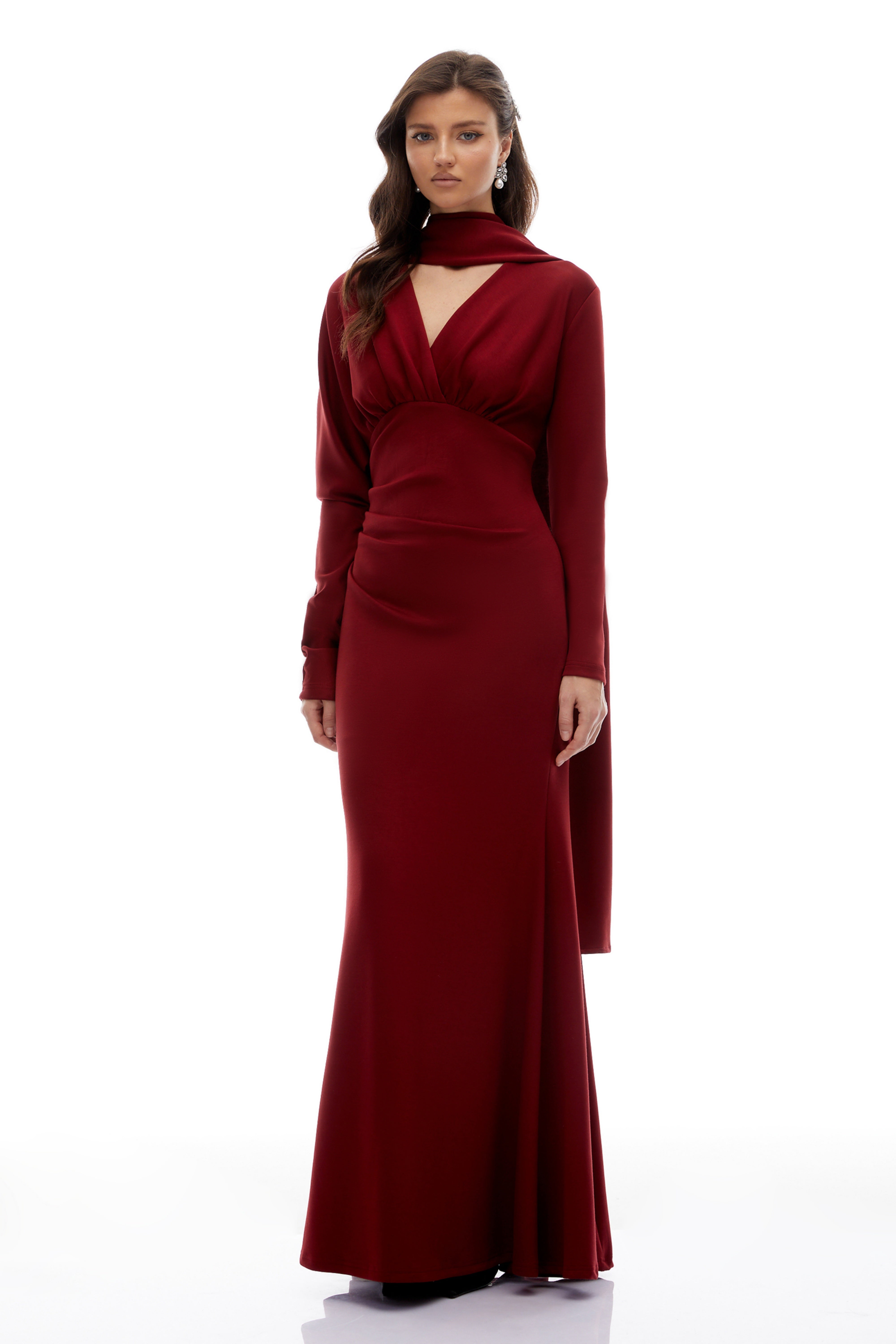 Margot Red Scarf Design Ruched Maxi Gown (Final Sale)