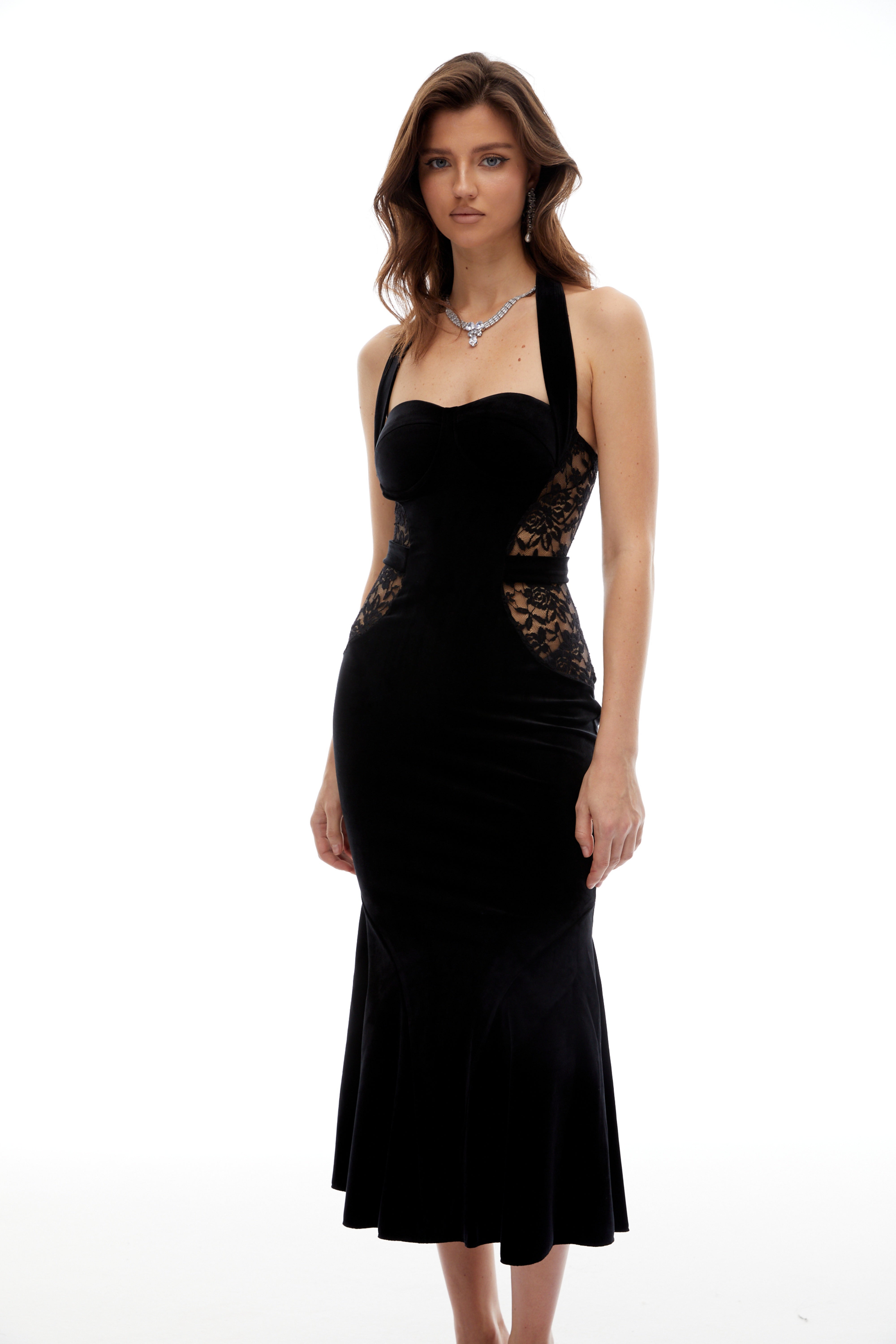 Tove Black Lace Panel Velvet Midi Dress (Final Sale)
