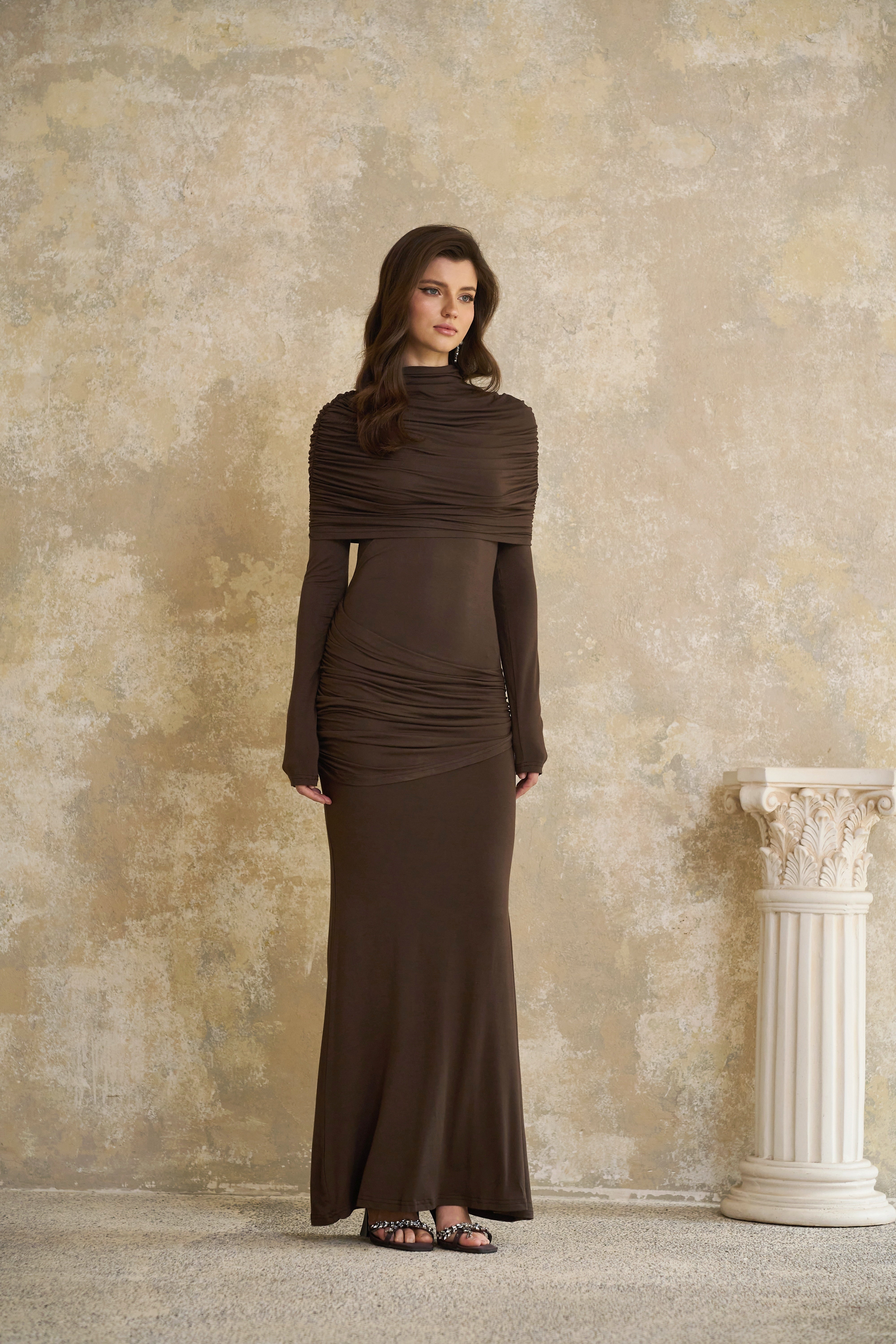 Éléna Brown Cape Design Ruched Maxi Dress (Final Sale)