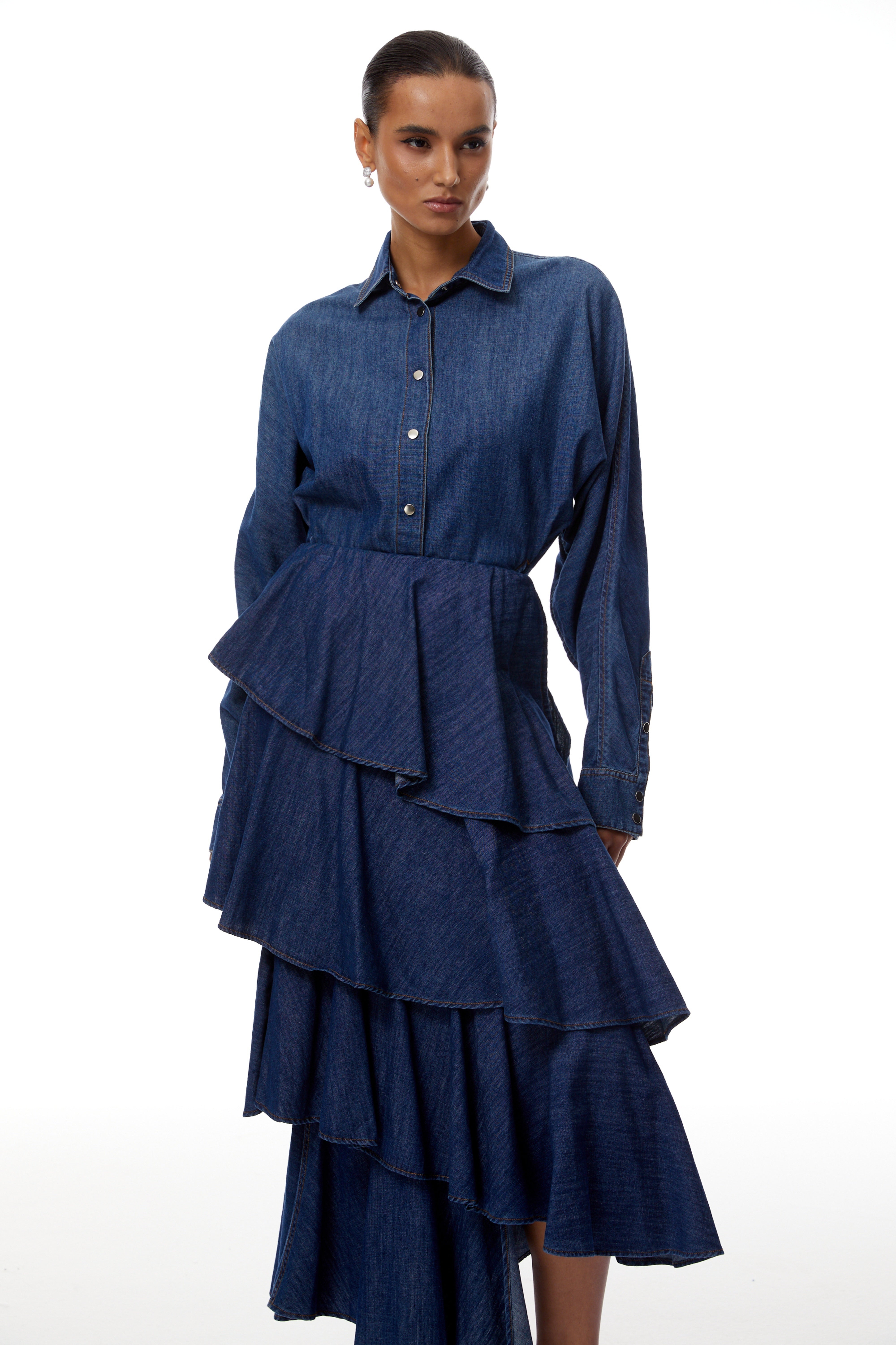 Geneviève Blue Denim Shirt & Tiered Skirt Set (Final Sale)