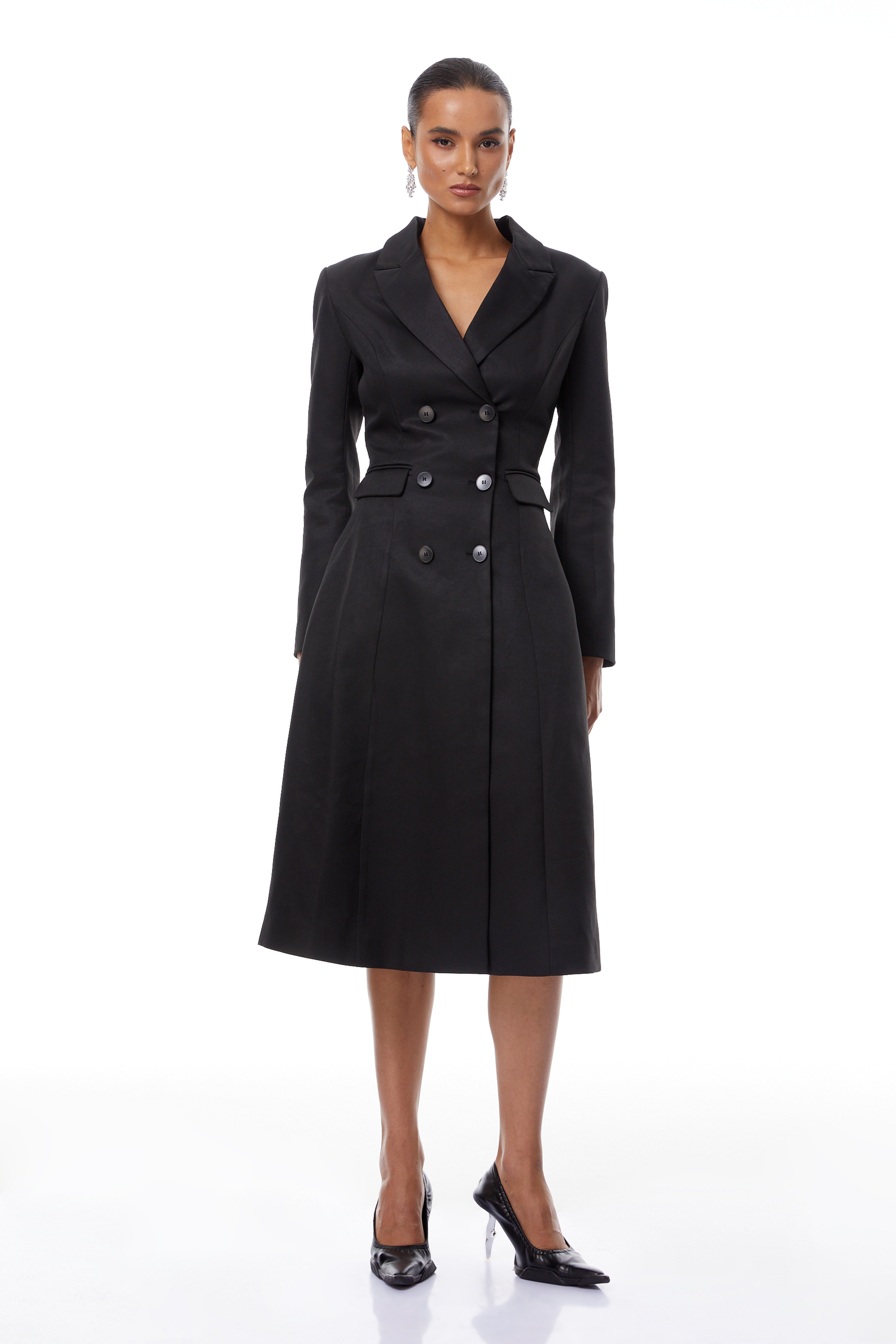 Ortensia Black Double-Breasted Coat Inspired Midi Dress (Final Sale-US Only)