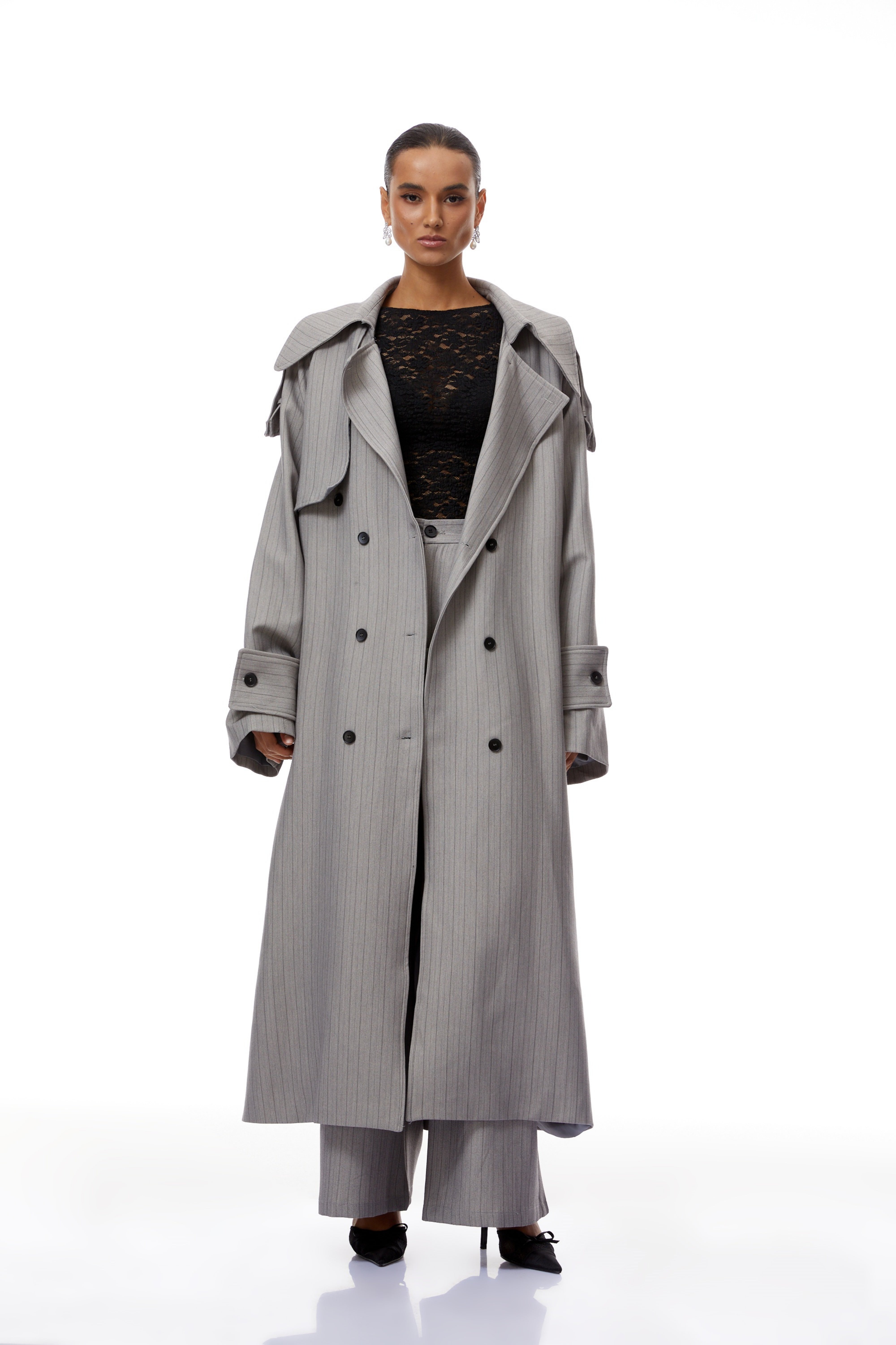 Clémence Grey Striped Trench Coat & Trousers Set (Final Sale)