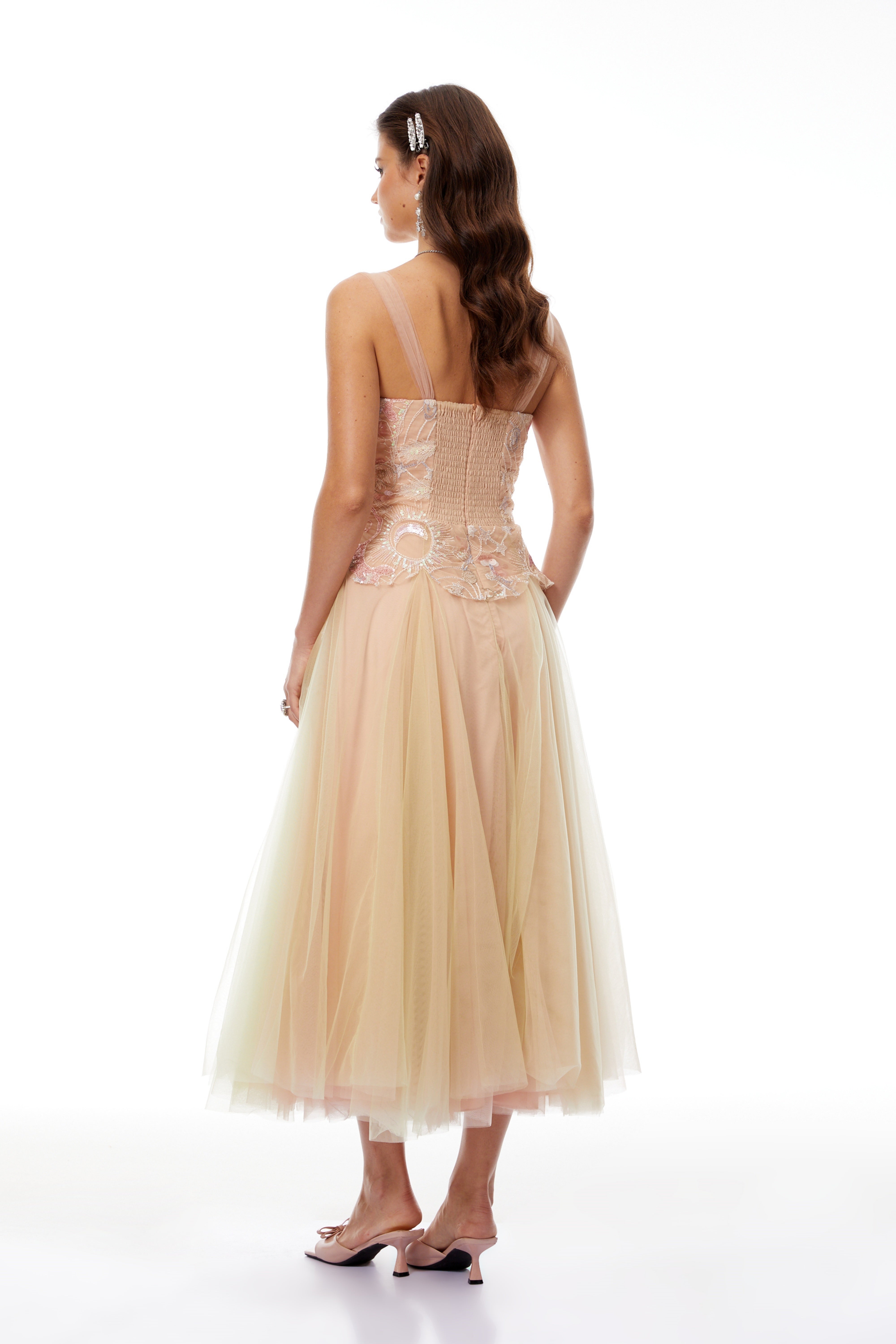 Remi Neutral Sequined Embroidered Tulle Midi Dress (Final Sale)