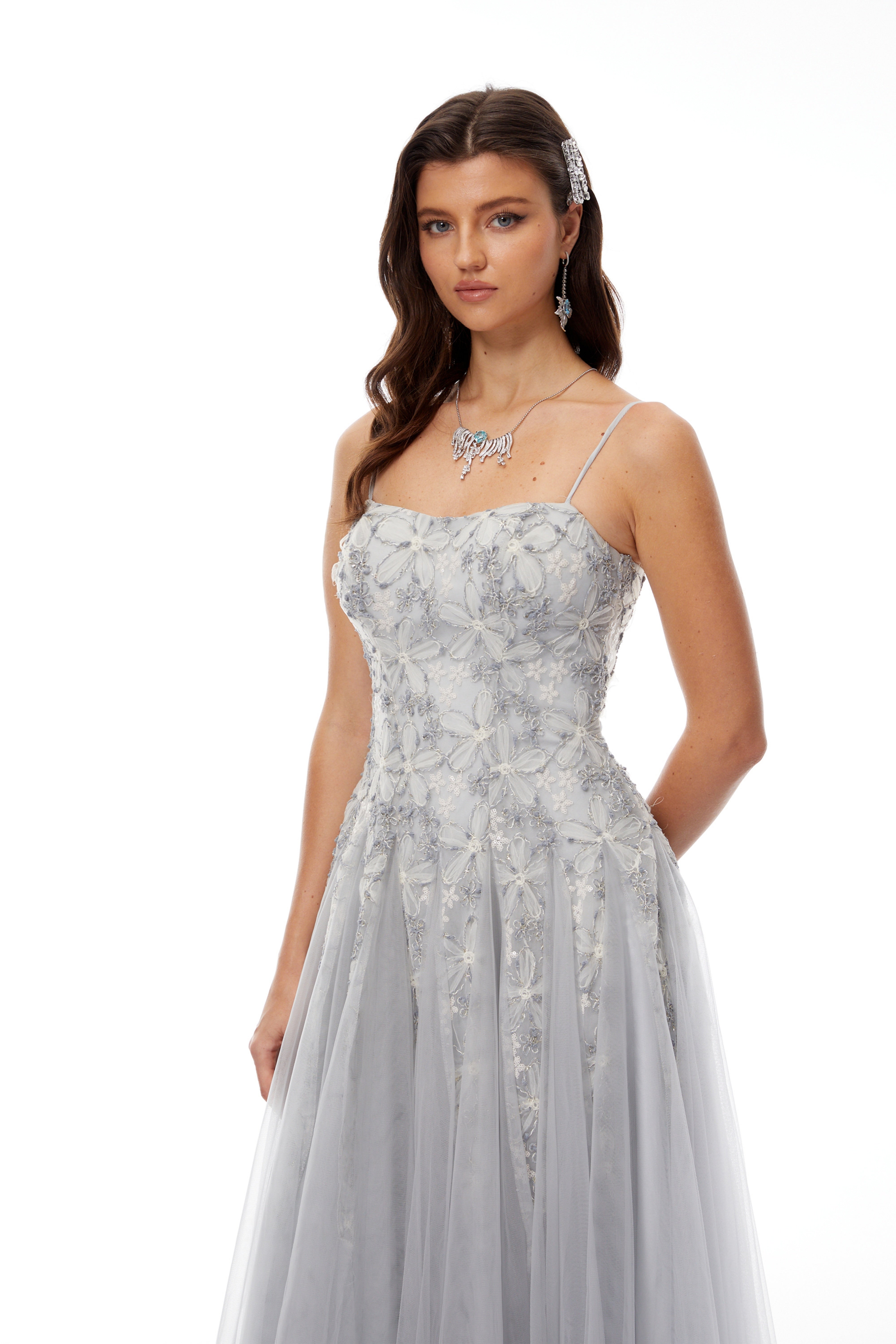 Adalynn Grey Floral Embroidered Tulle Maxi Dress (Final Sale)
