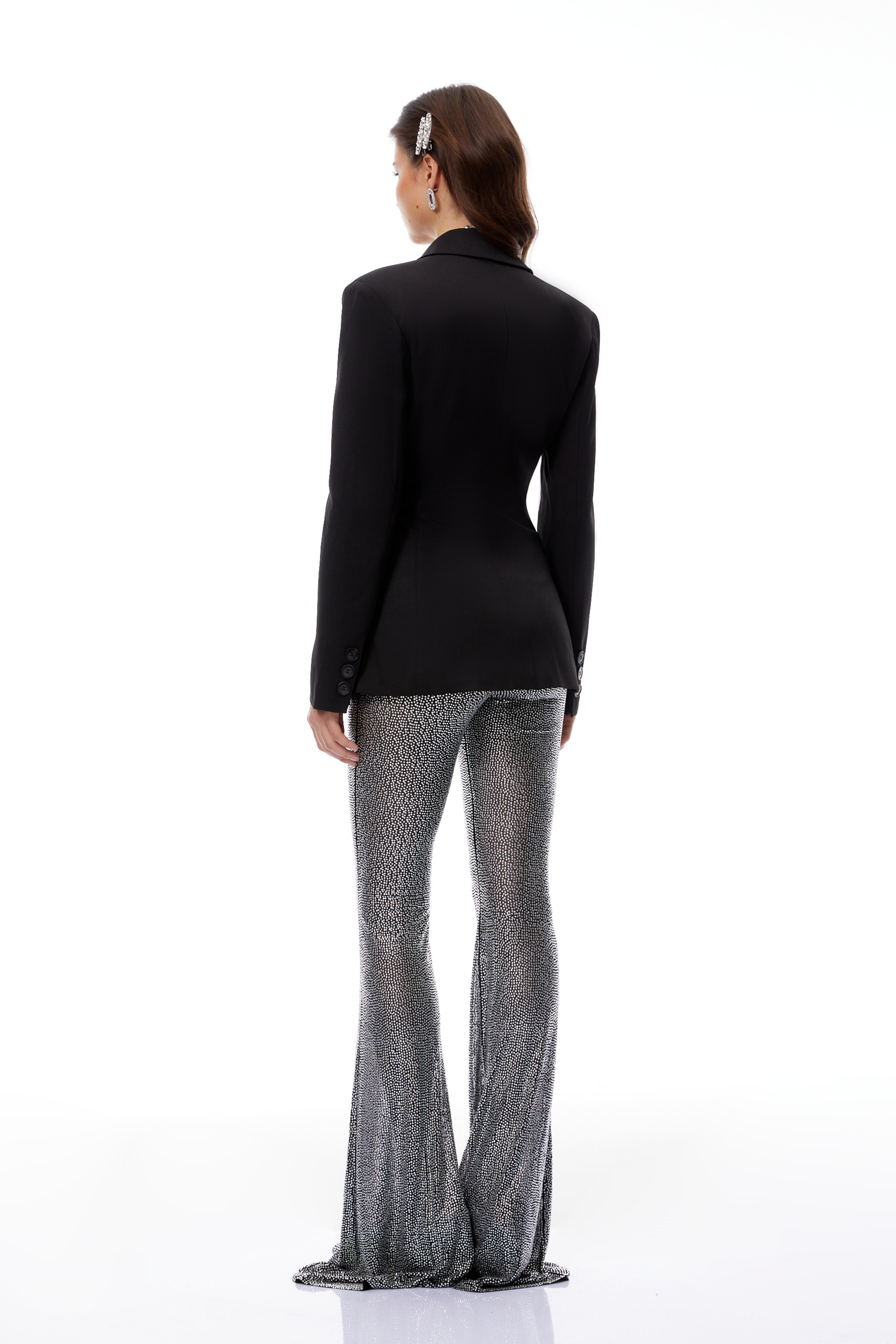 Edda Black Double-Breasted Blazer & Rhinestone Trousers Set