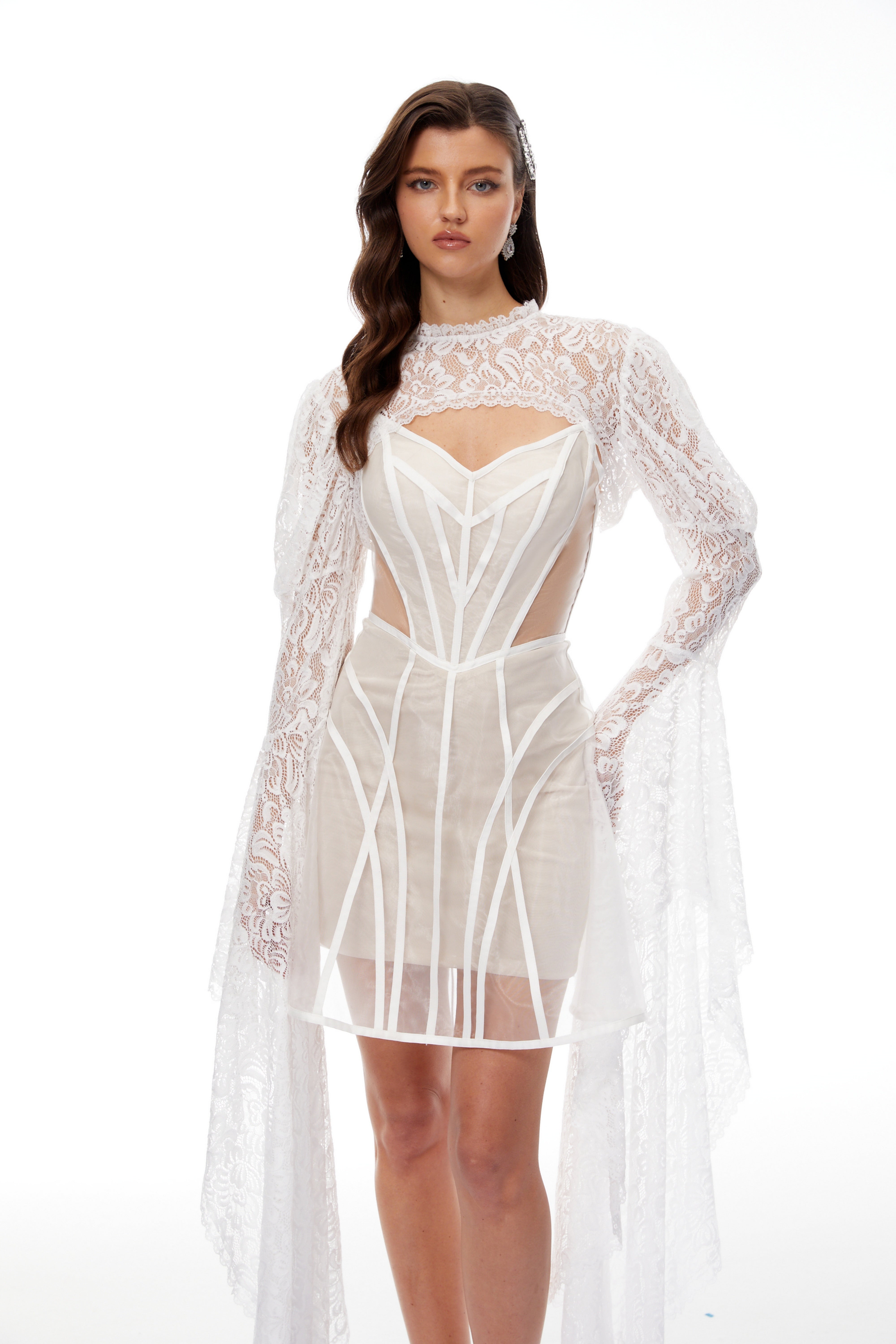 Ilaria White Lace Shrug & Linear Organza Dress Set  (Final Sale)