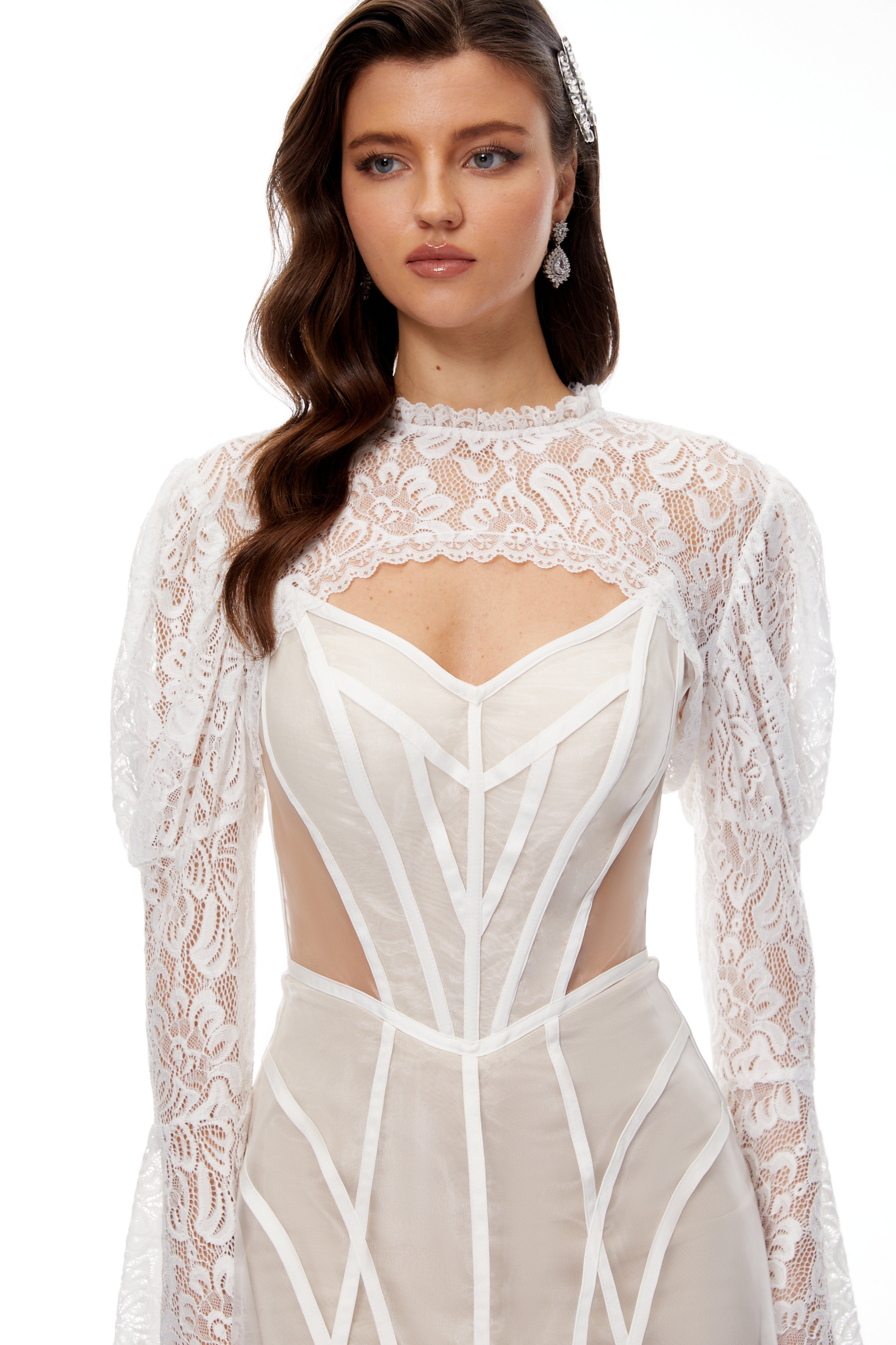 Ilaria White Lace Shrug & Linear Organza Dress Set  (Final Sale)