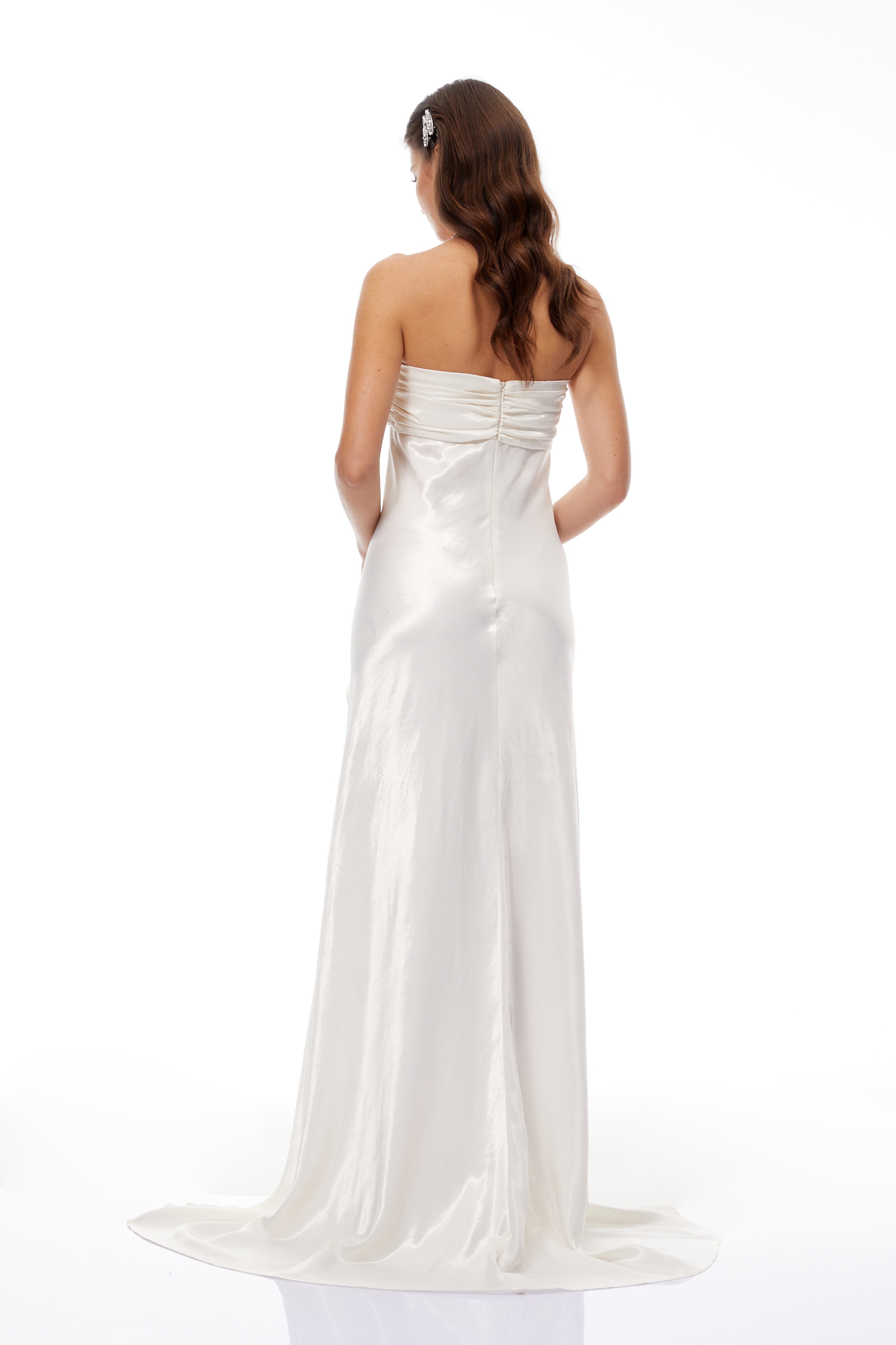 Lilla Beige Strapless Ruffled Satin Maxi Dress (Final Sale)