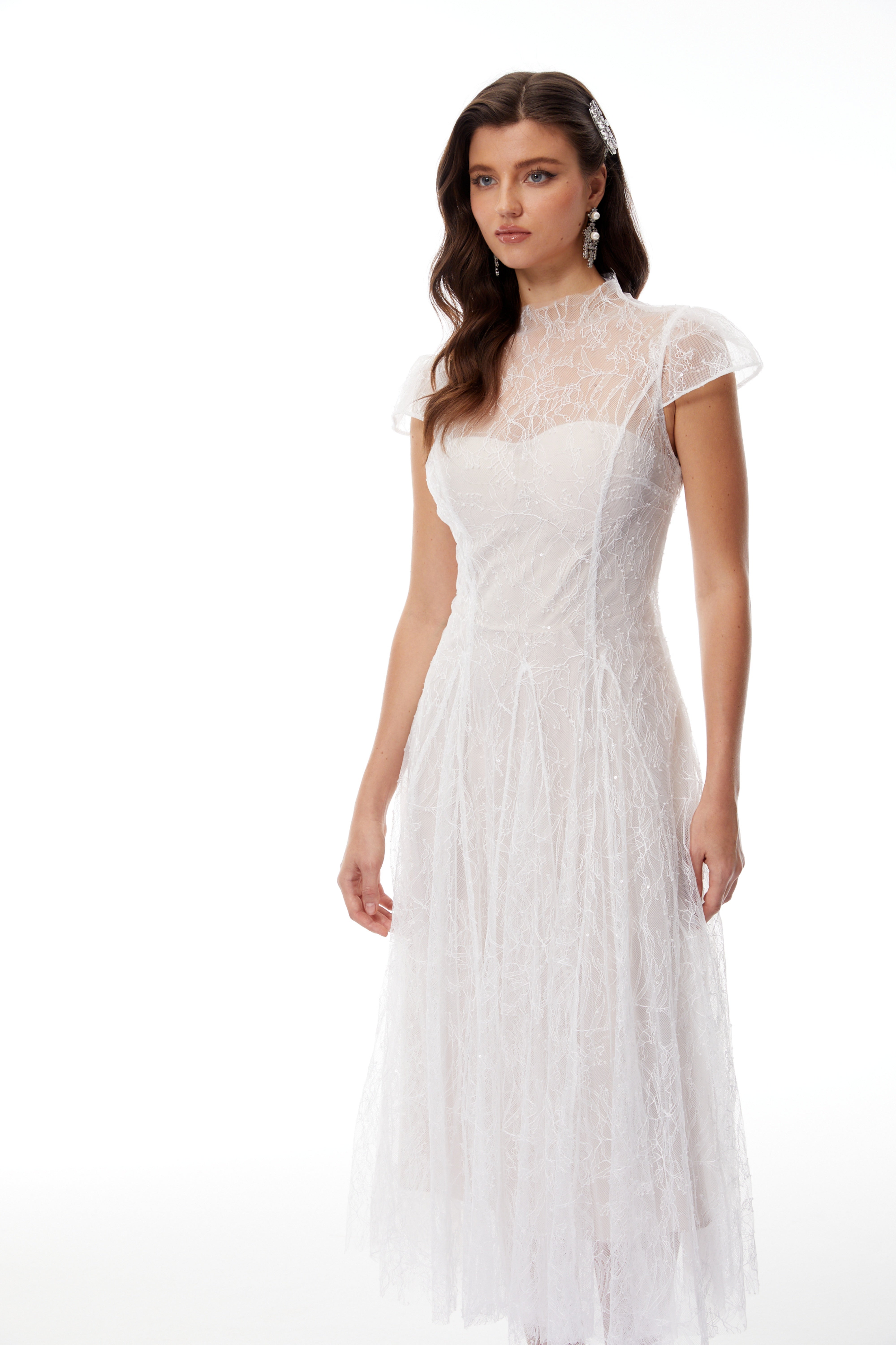 Velia White Lace Glitter Tulle Maxi Gown (Final Sale)