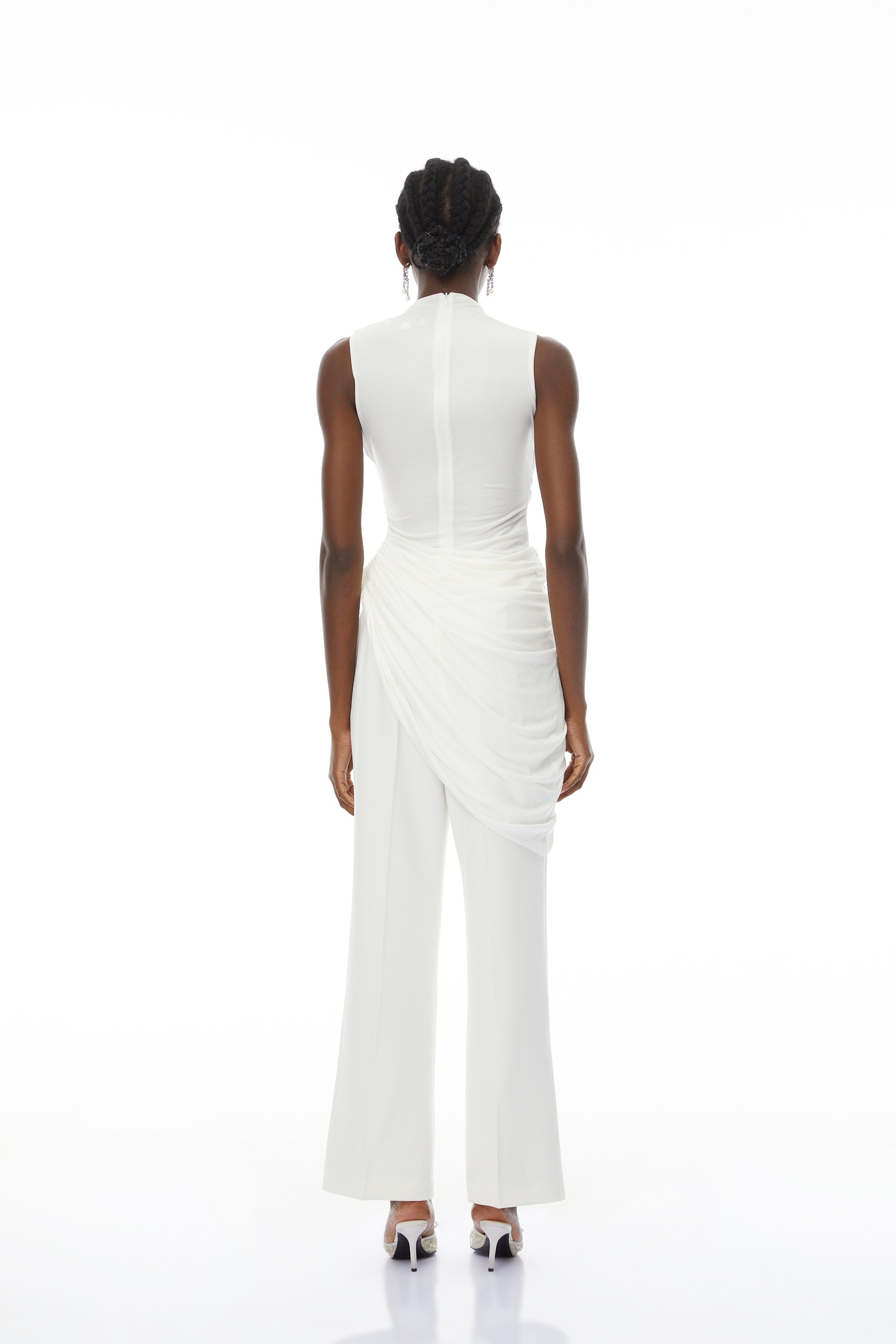 Camille White Asymmetrical Gathered Top & Trousers Set