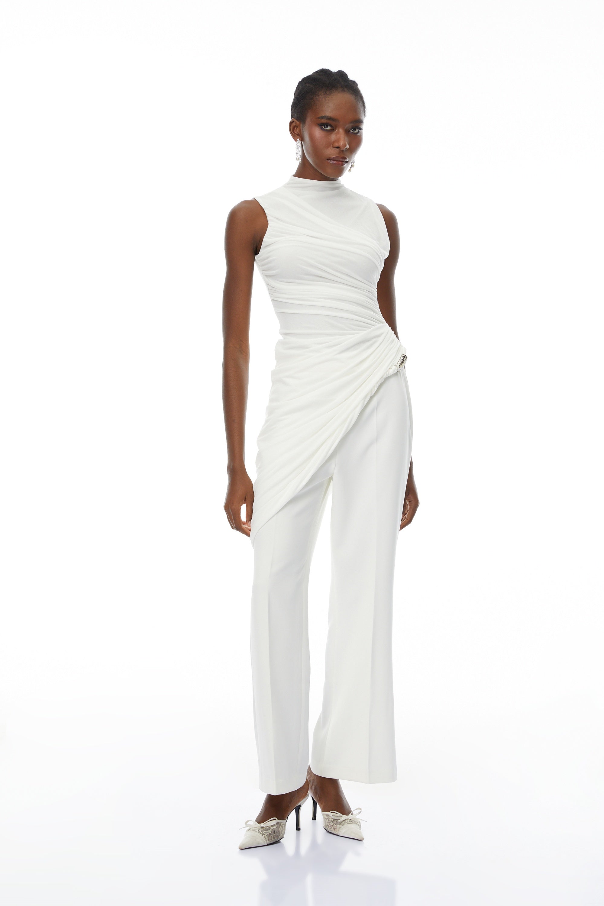 Camille White Asymmetrical Gathered Top & Trousers Set