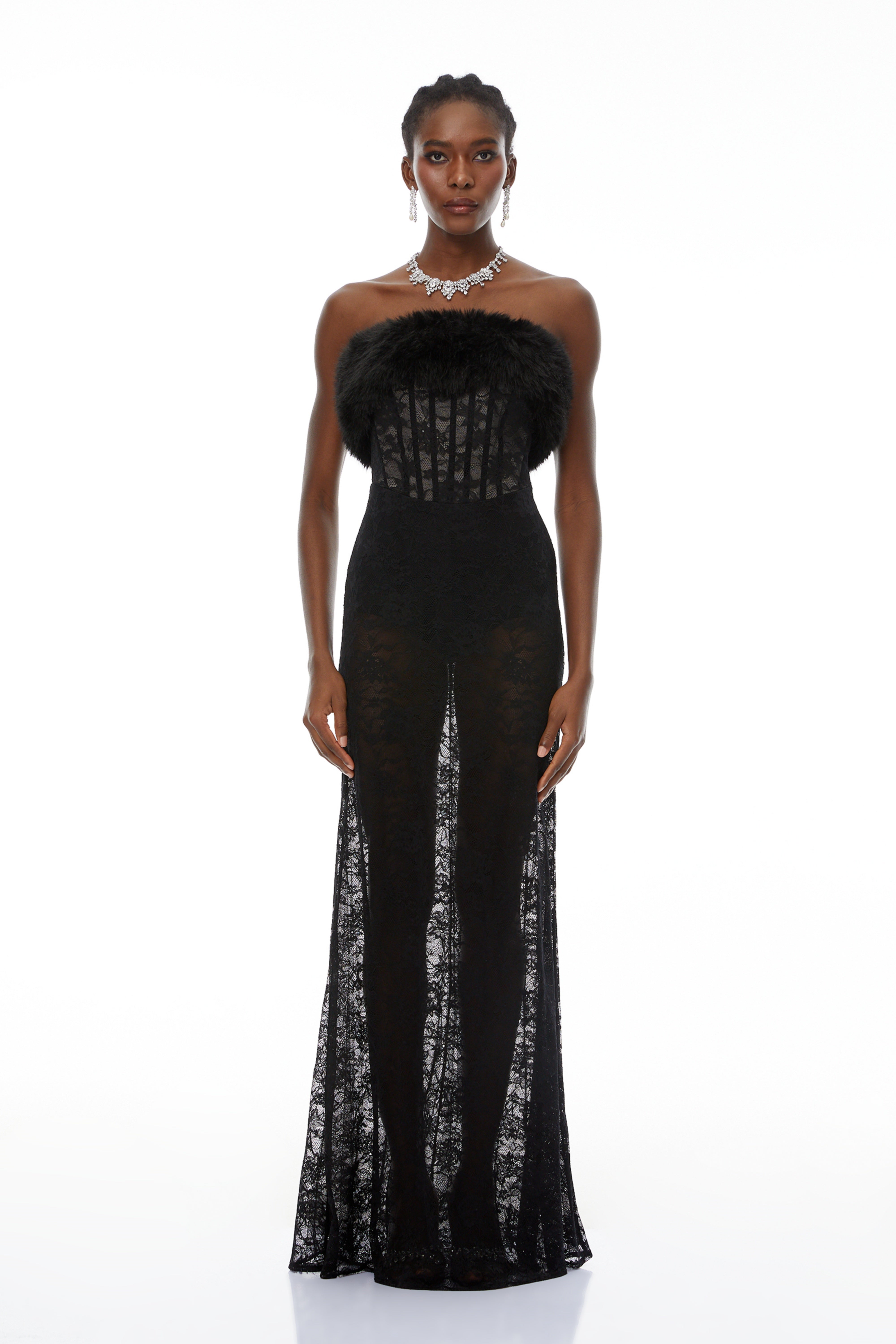 Tecla Black Lace Maxi Dress with Faux Fur Trim (Final Sale-US Only)