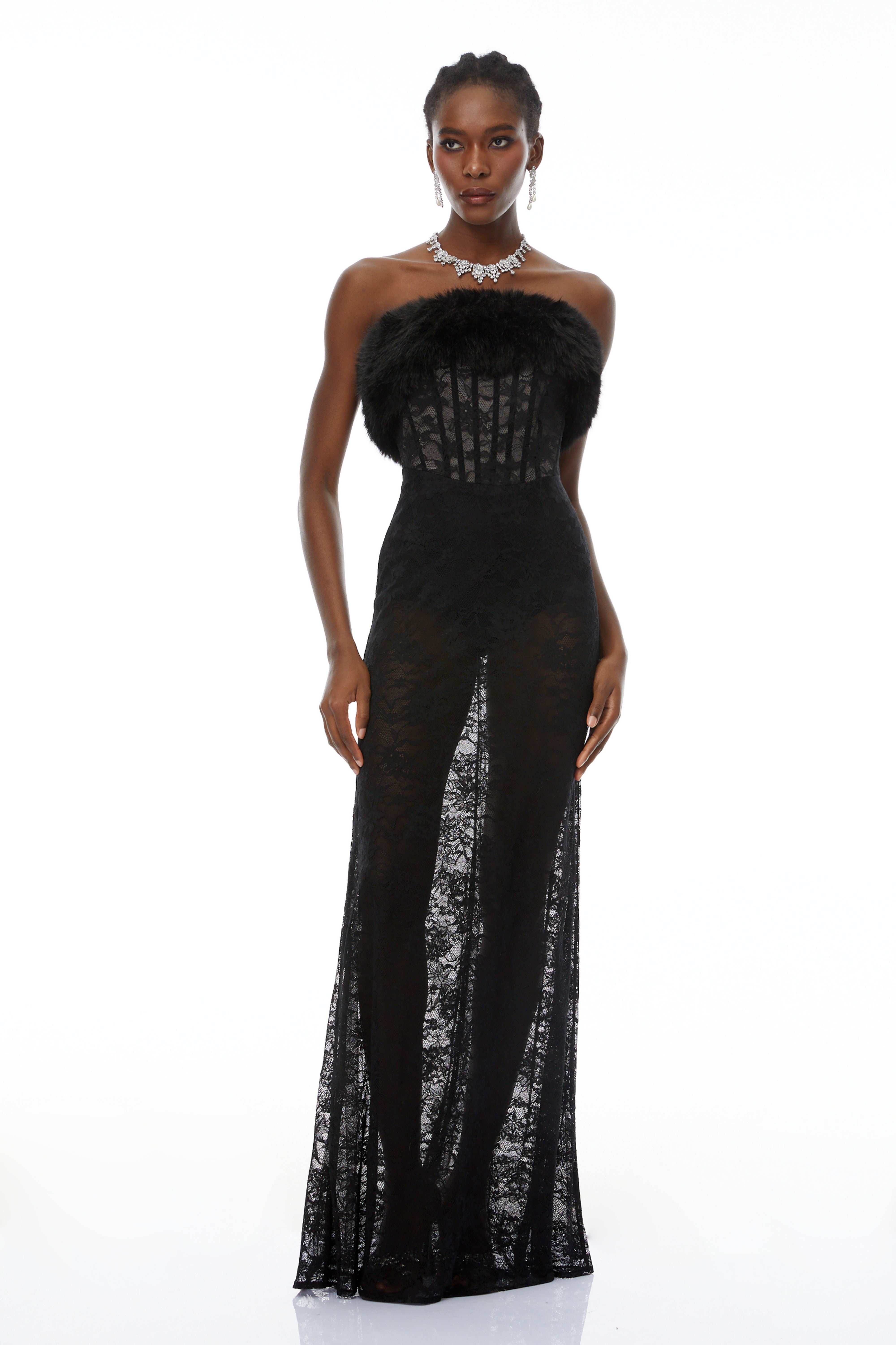 Tecla Black Lace Maxi Dress with Faux Fur Trim (Final Sale-US Only)