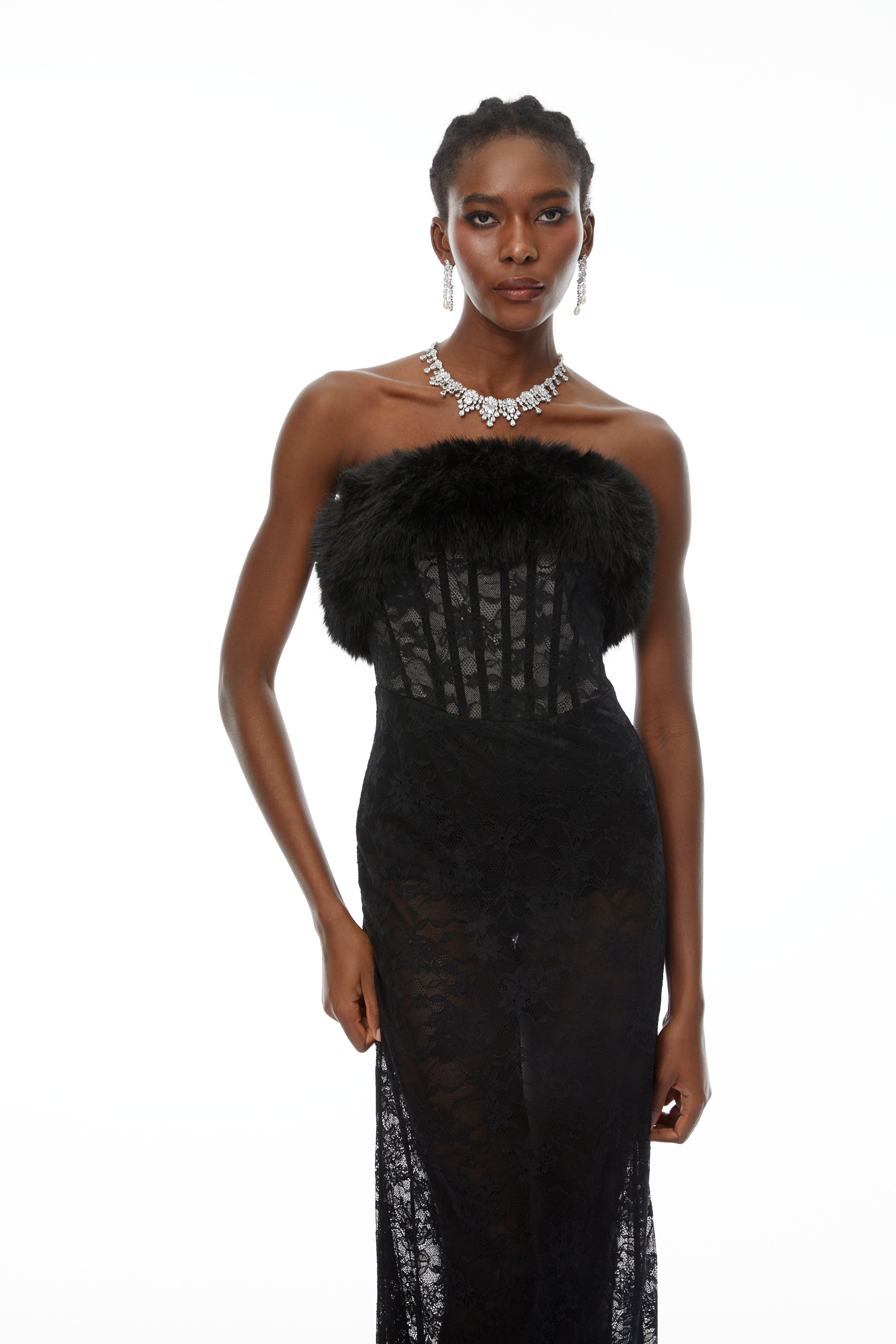 Tecla Black Lace Maxi Dress with Faux Fur Trim (Final Sale-US Only)