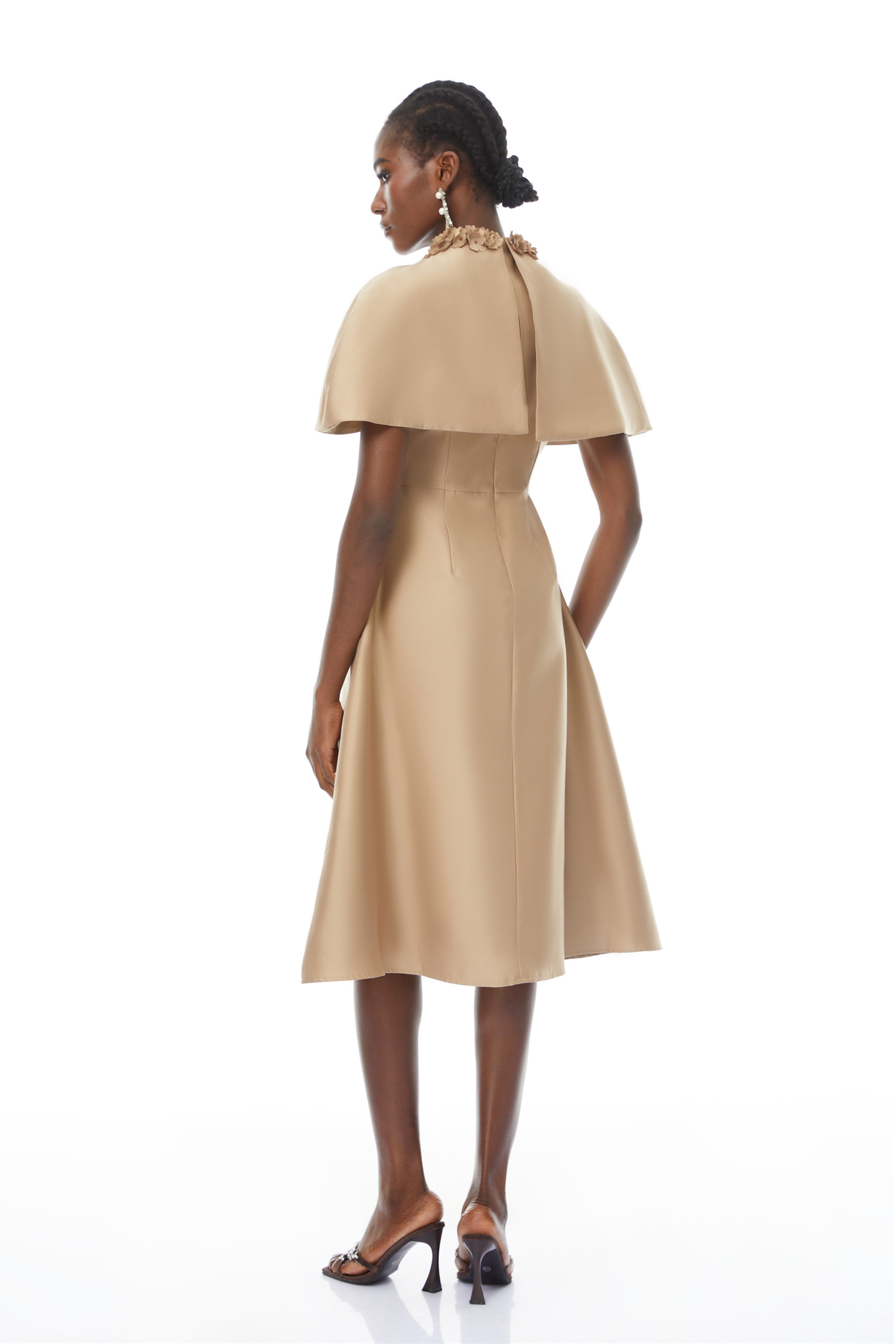 Hilda Khaki Cape Design Satin Midi Dress (Final Sale-US Only)