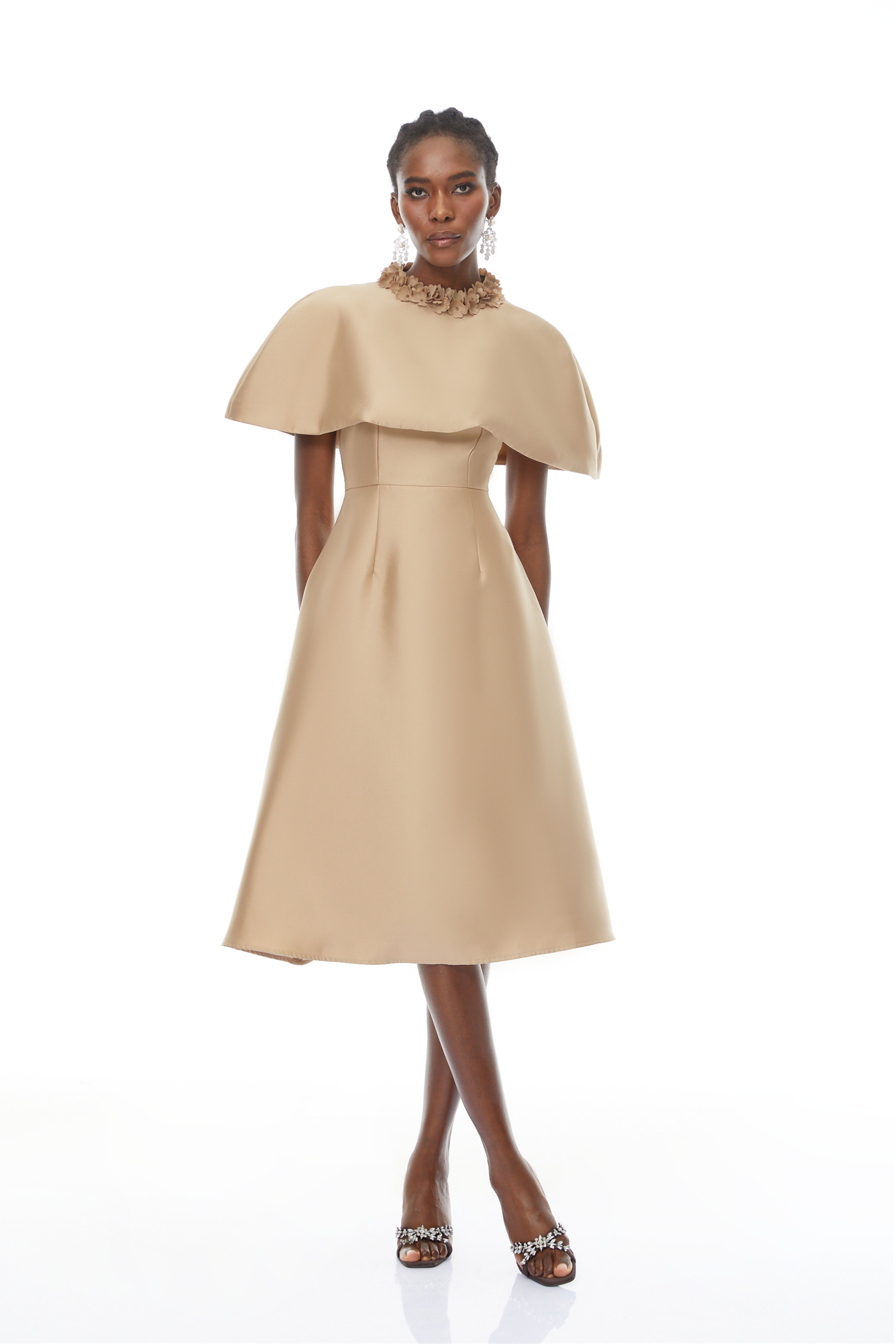 Hilda Khaki Cape Design Satin Midi Dress (Final Sale-US Only)