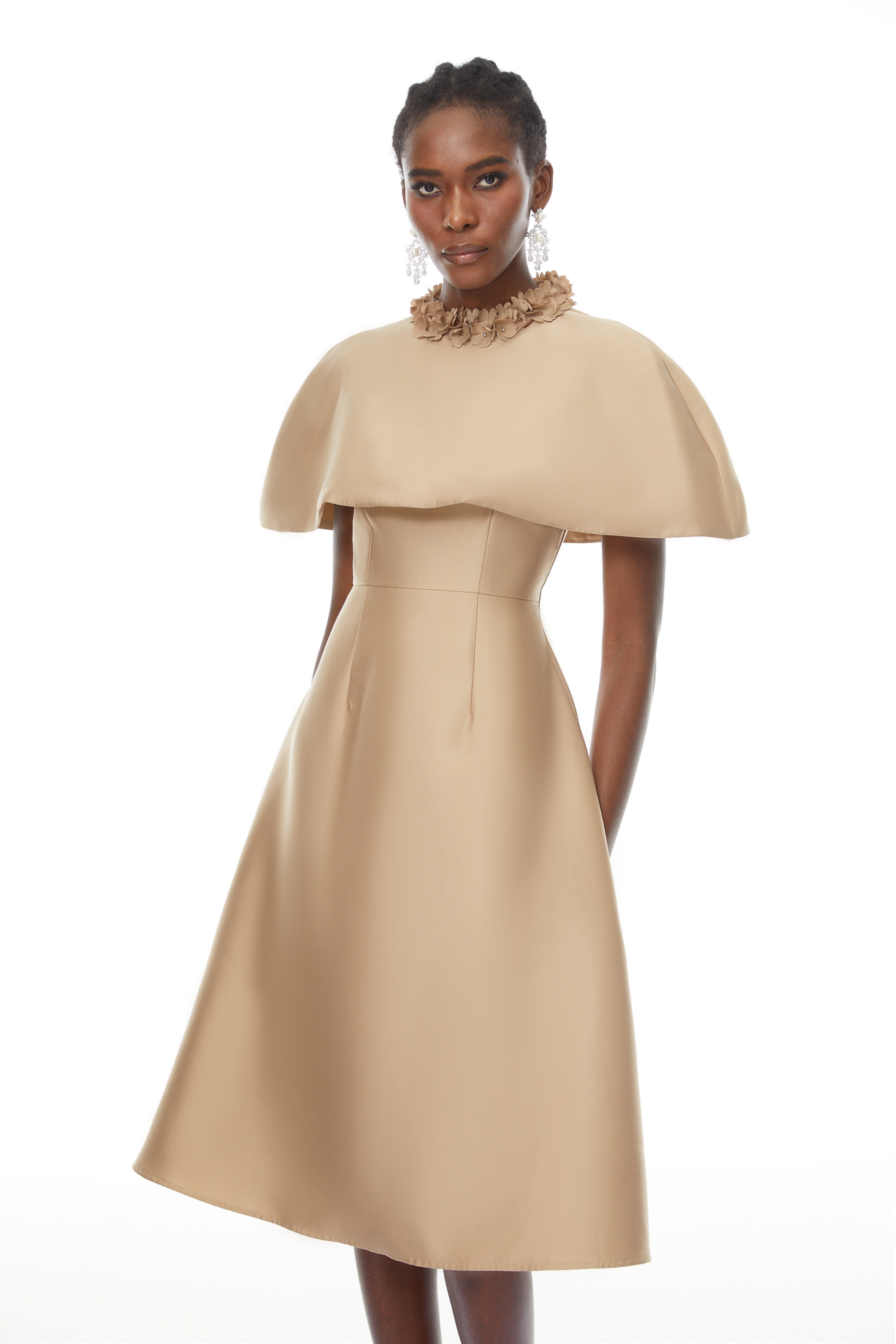 Hilda Khaki Cape Design Satin Midi Dress (Final Sale-US Only)