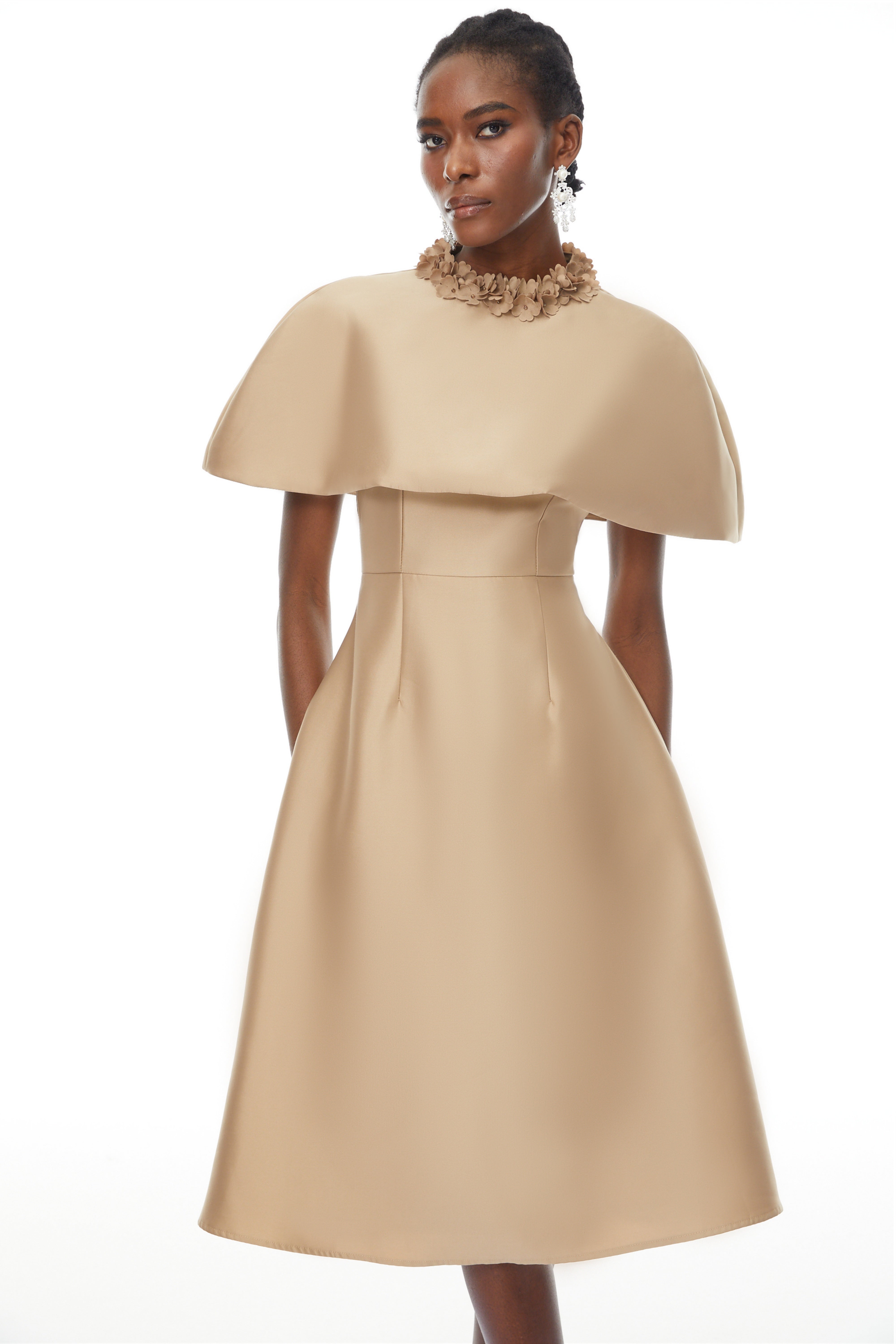 Hilda Khaki Cape Design Satin Midi Dress (Final Sale-US Only)