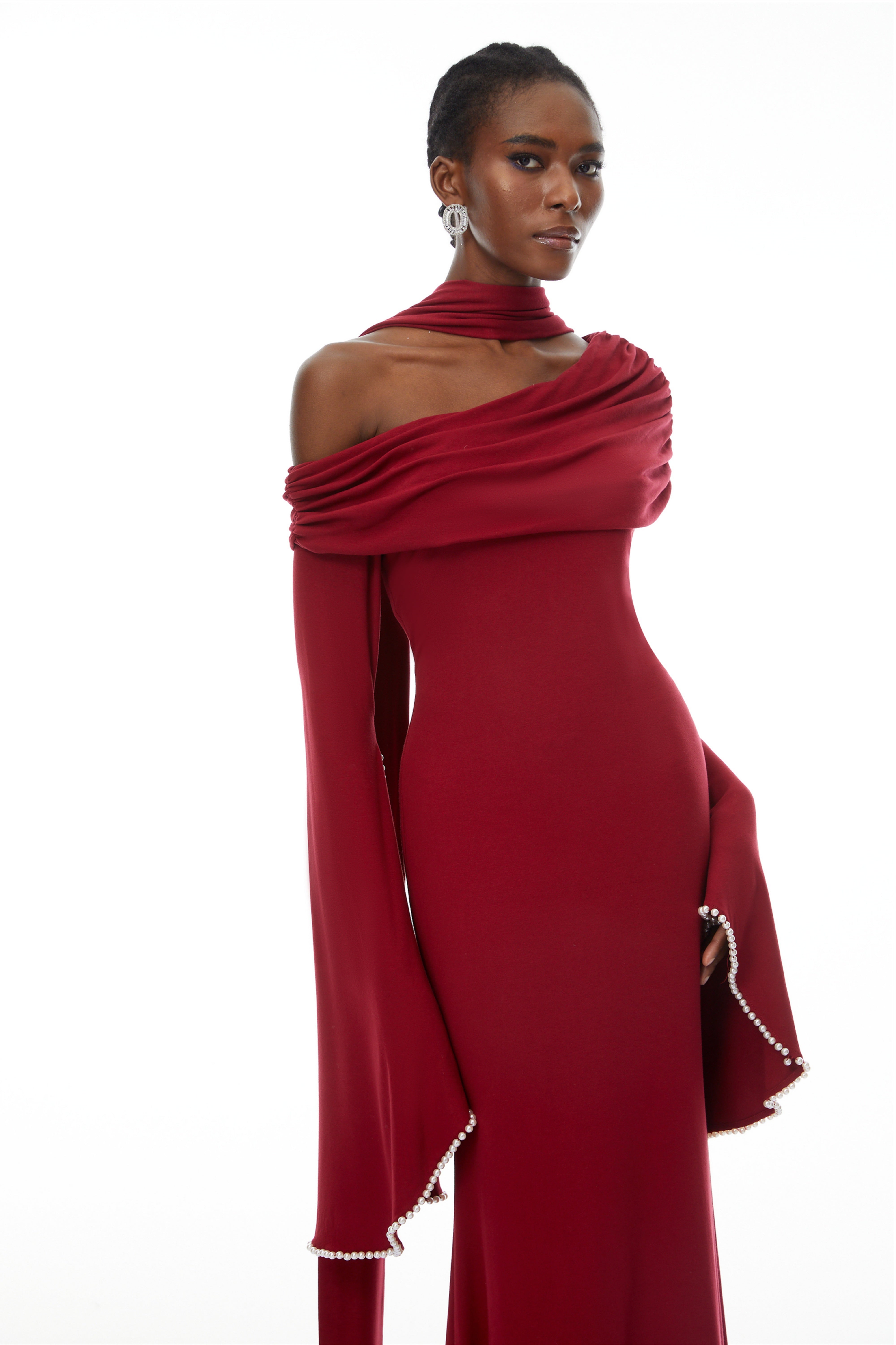 Simona Burgundy One Shoulder Pearl Trim Maxi Gown (Final Sale)