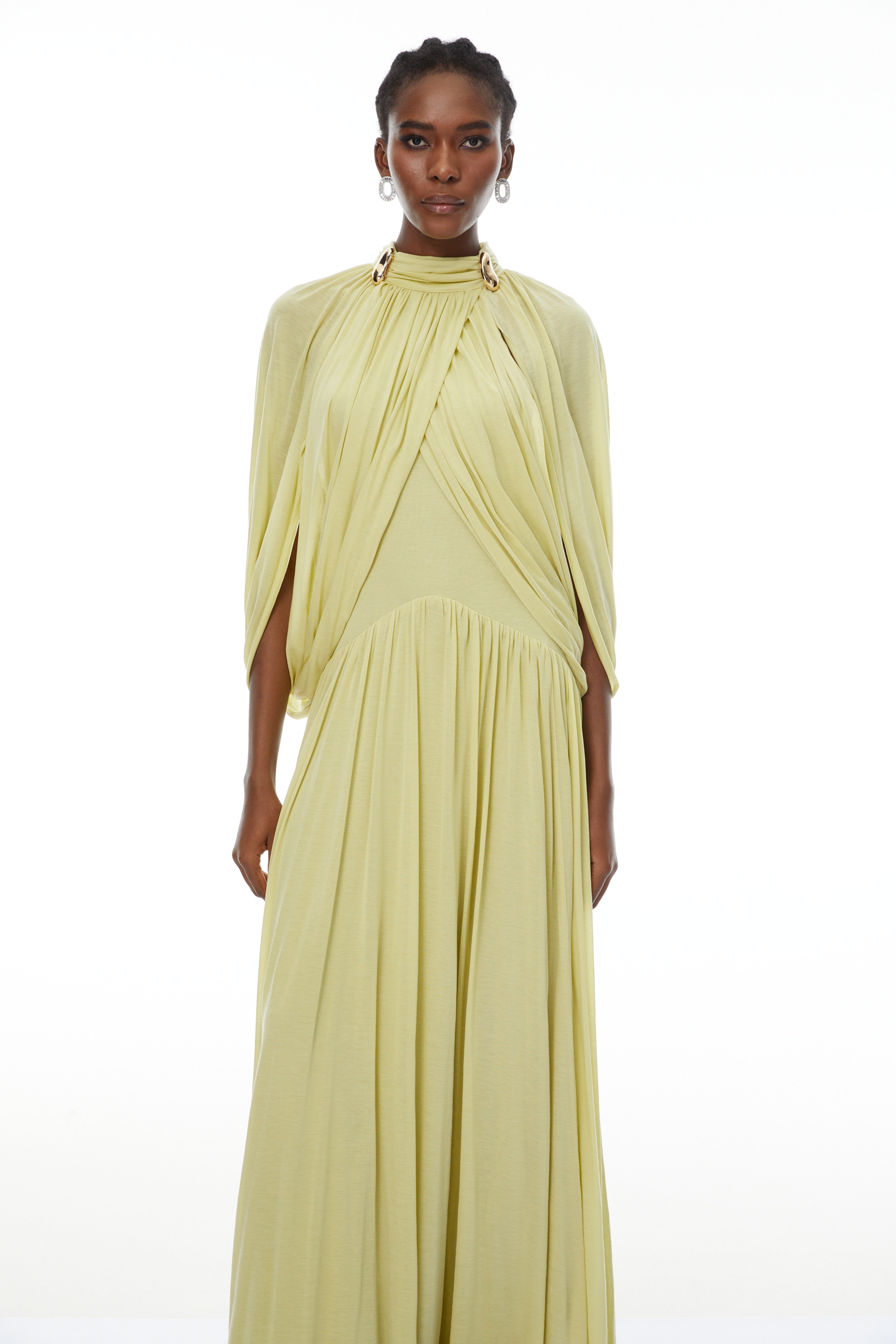 Bergljot Green Cape Design Mesh Maxi Dress (Final Sale-US Only)