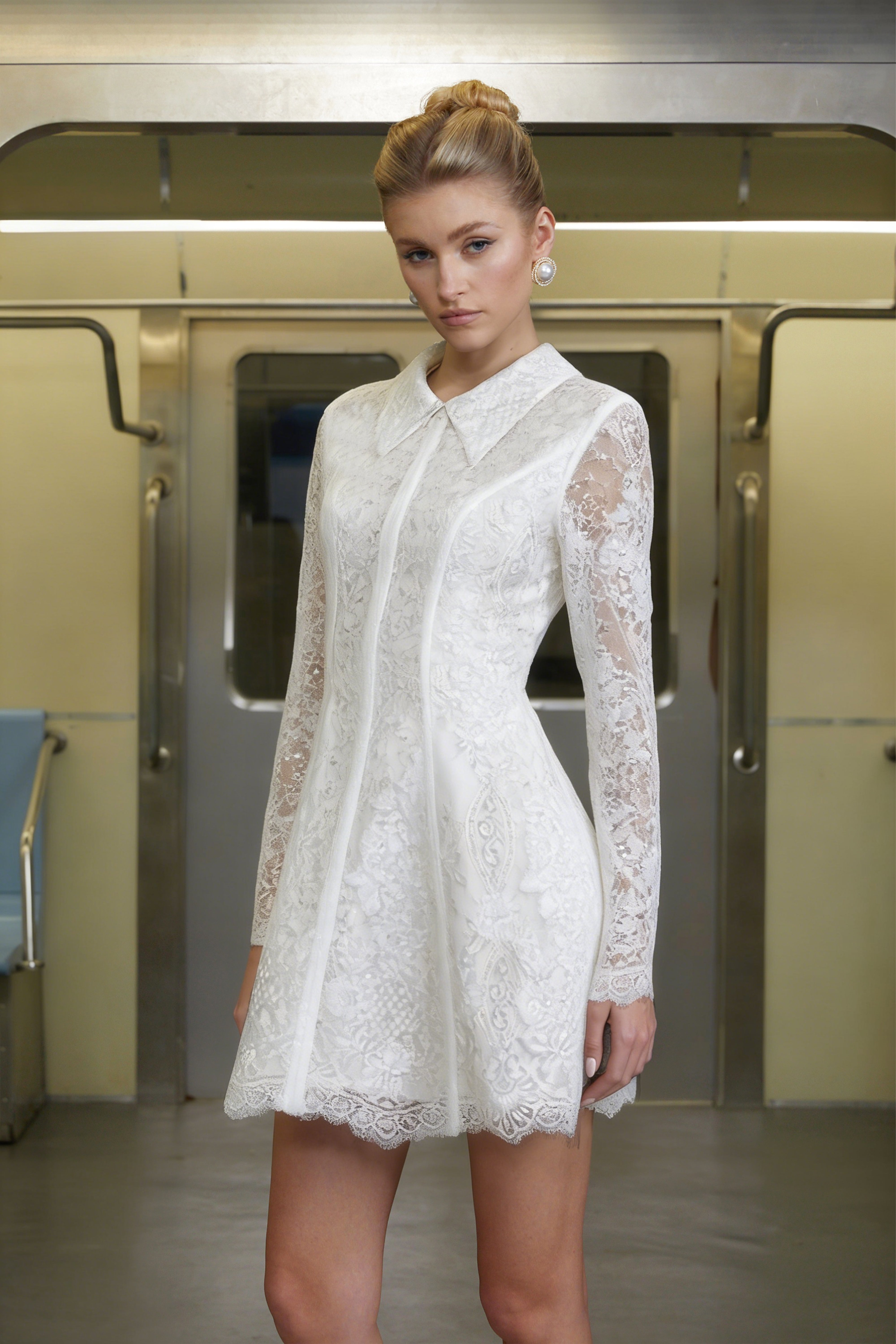 Aleksandra White Sequin Floral Lace Mini Dress (Final Sale-US Only)