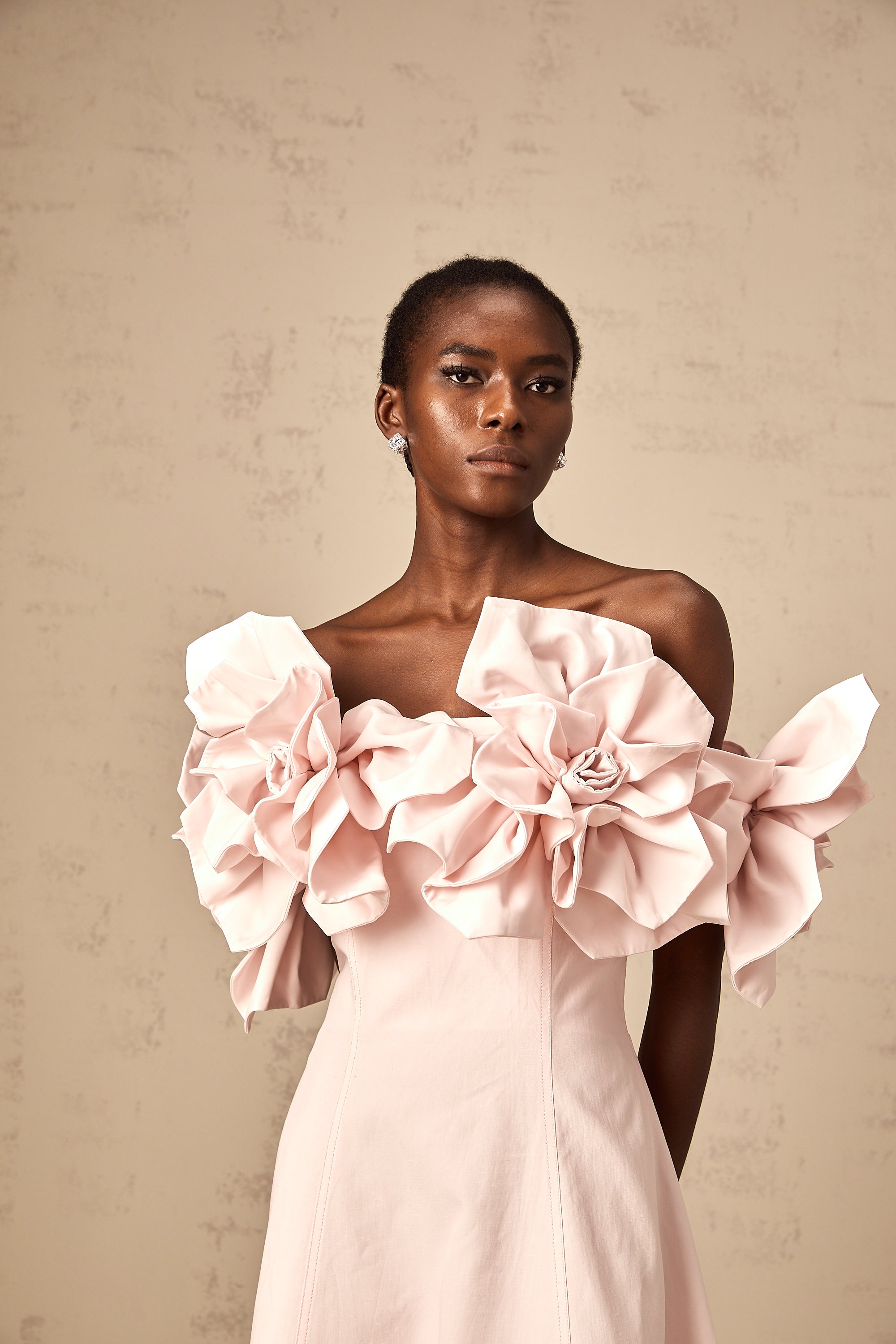 Juliette pink off-shoulder 3D-petal midi dress (Final Sale)
