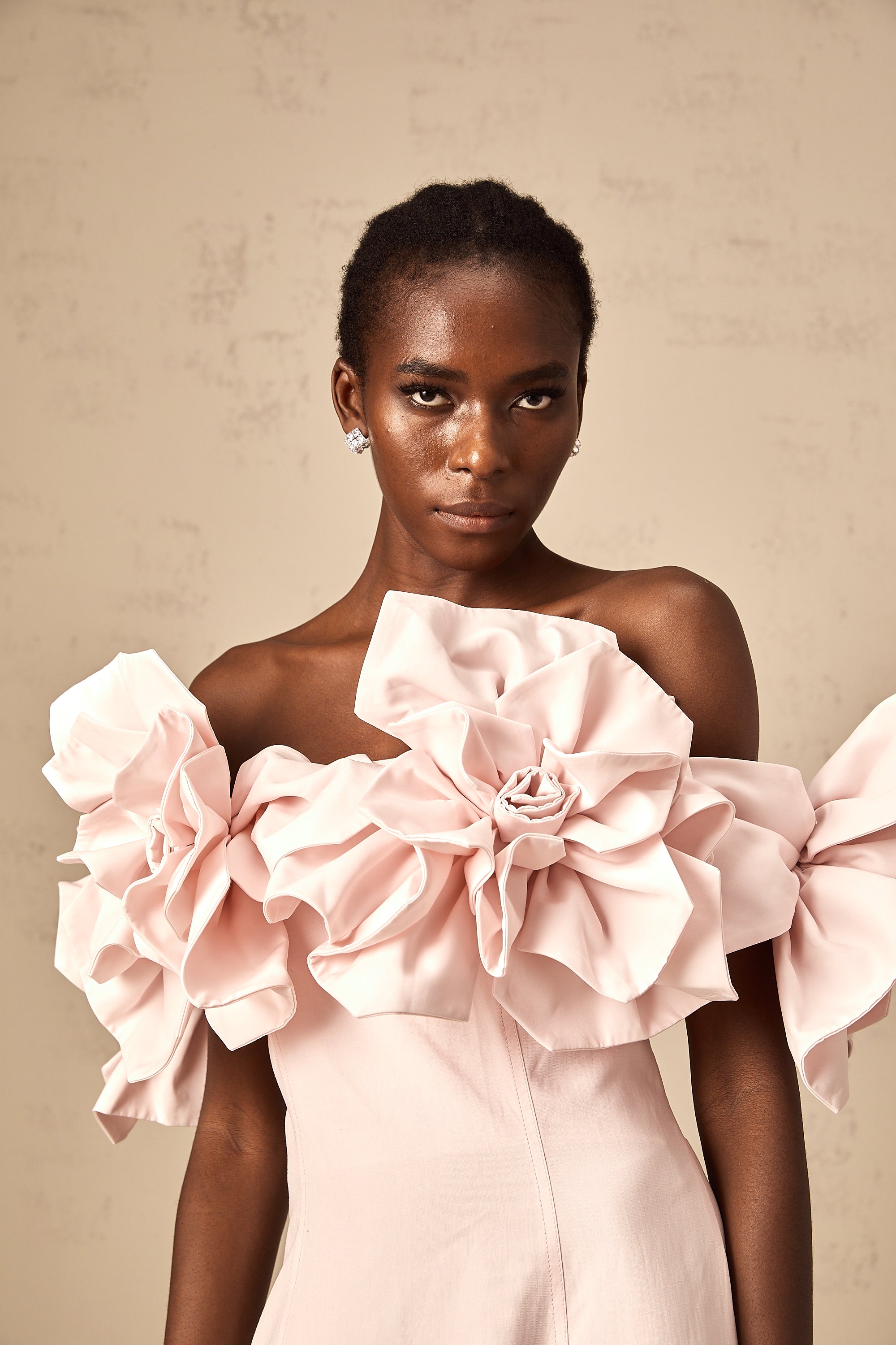 Juliette pink off-shoulder 3D-petal midi dress (Final Sale)