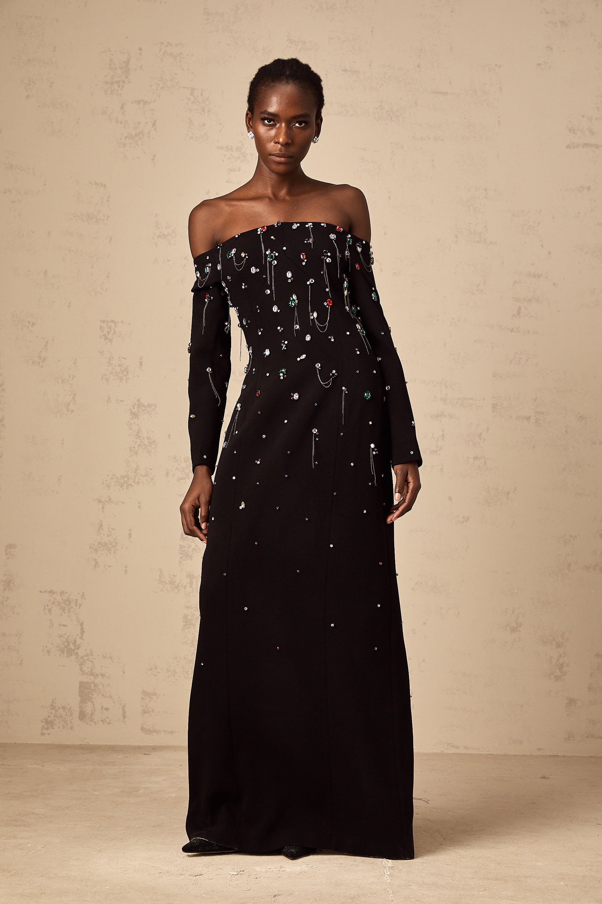 Gabrielle black crystal off-shoulder maxi dress (Final Sale-US Only)