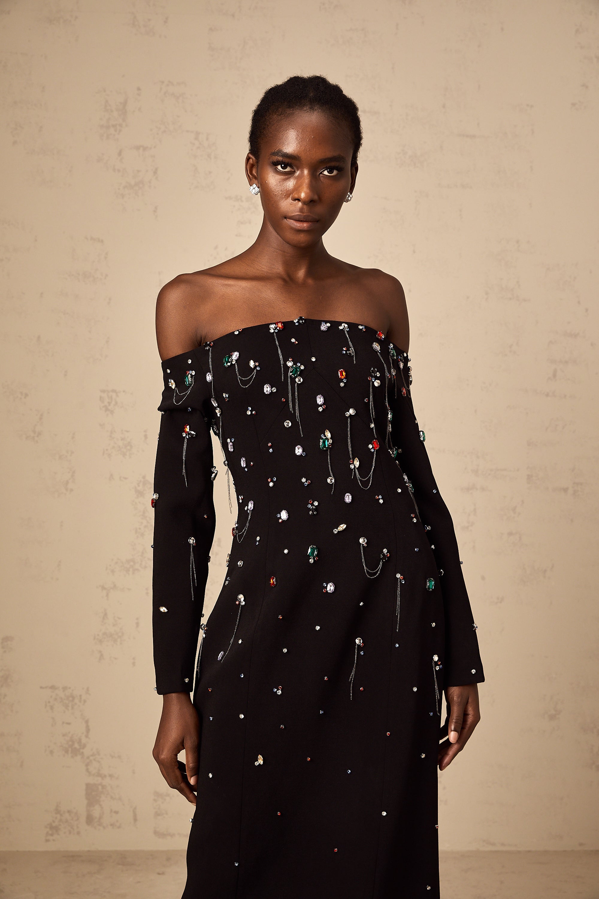Gabrielle black crystal off-shoulder maxi dress (Final Sale-US Only)