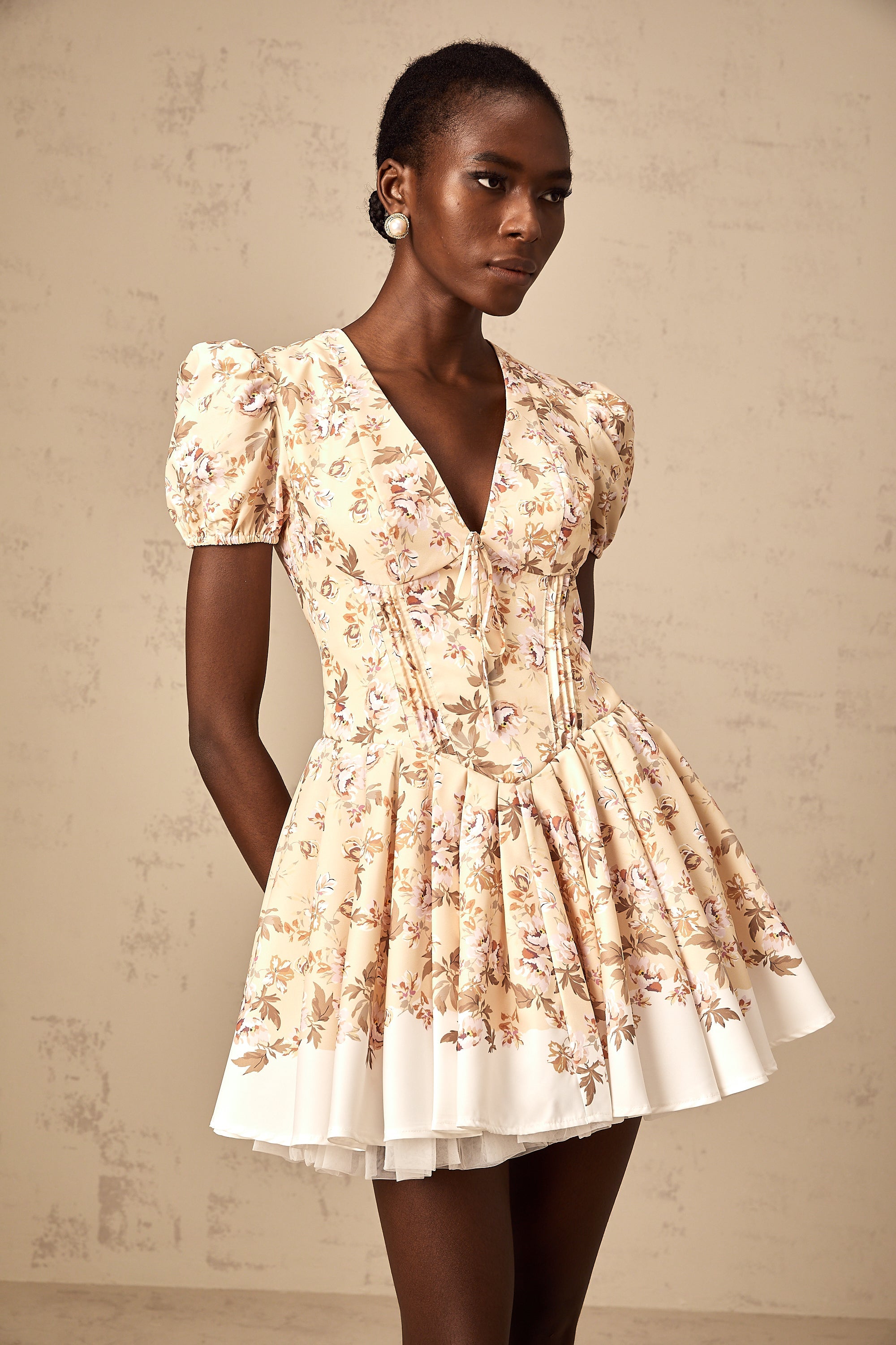 Alizée yellow floral-print pleated mini dress (Final Sale)