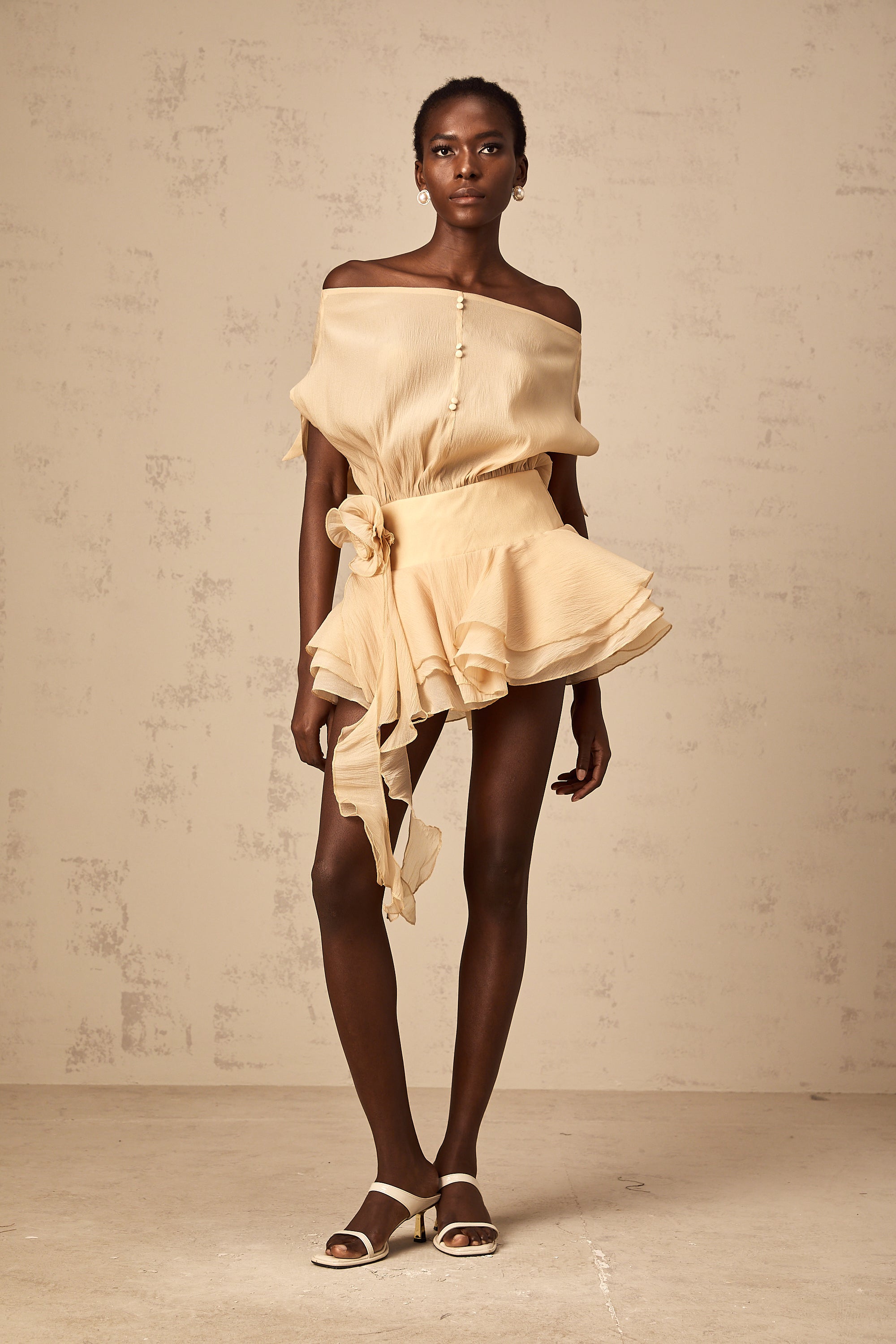 Amélie floral-appliqué flounced mini dress in Neutrals