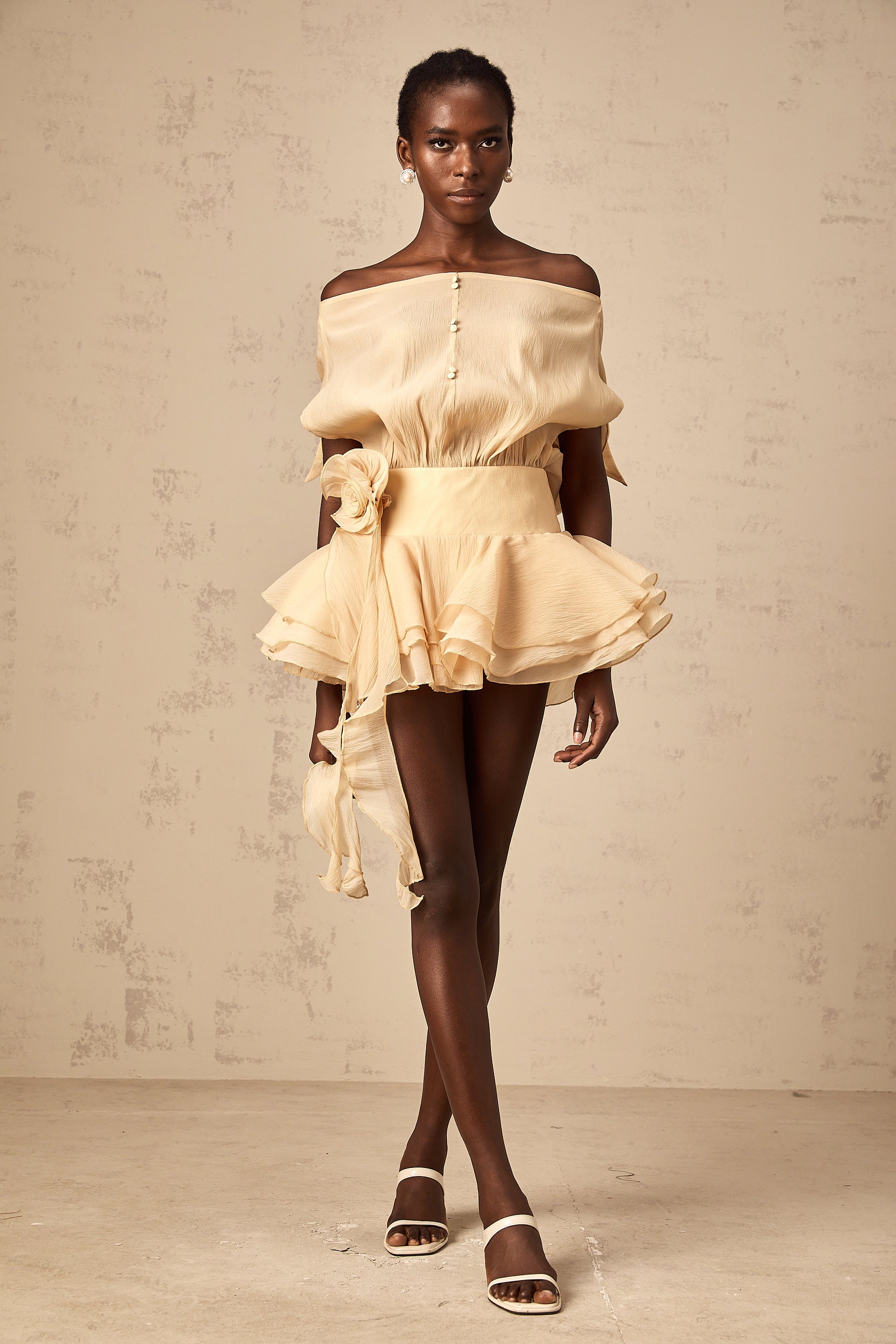 Amélie floral-appliqué flounced mini dress in Neutrals