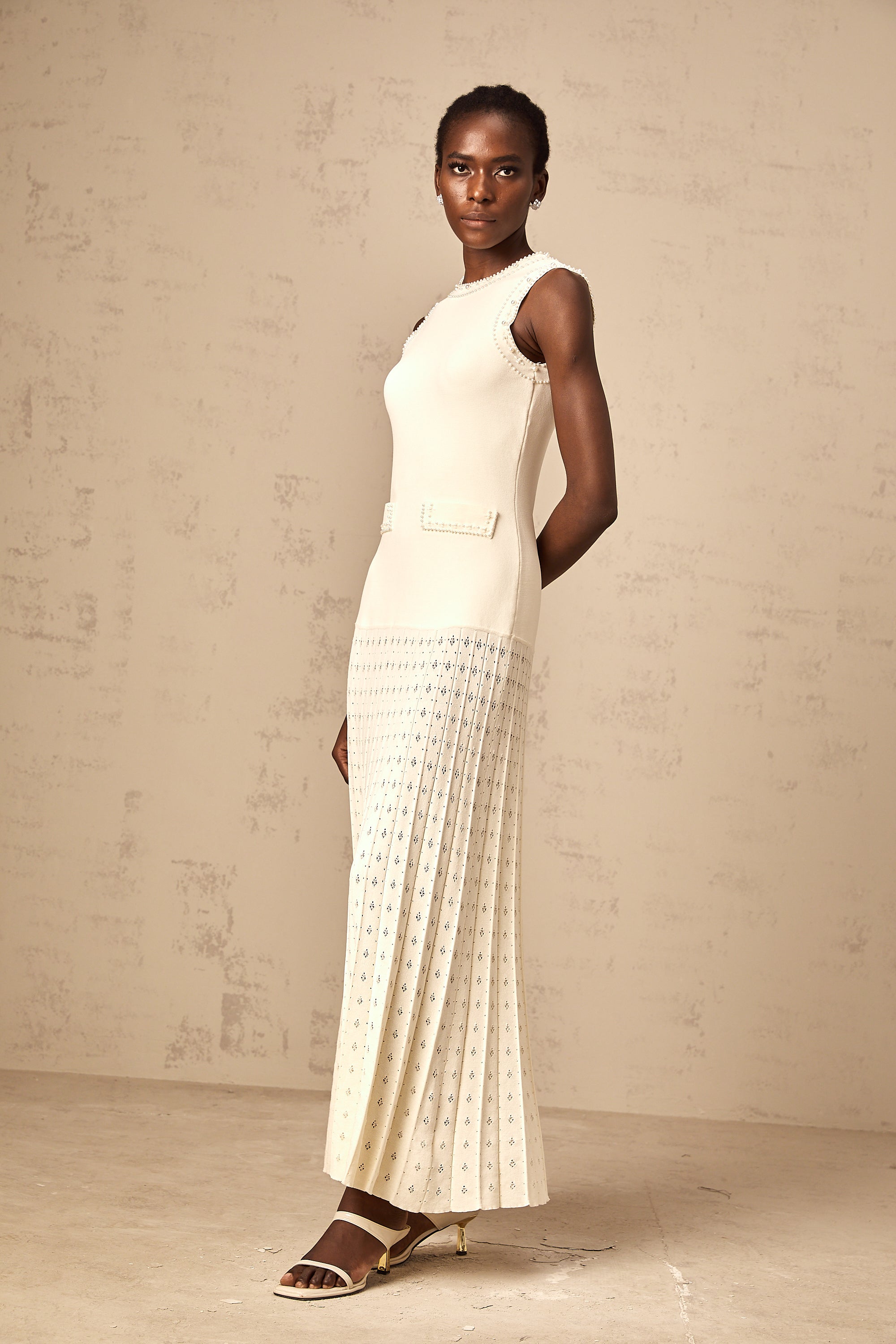 Donatienne white faux-pearl knitted maxi dress (Final Sale)
