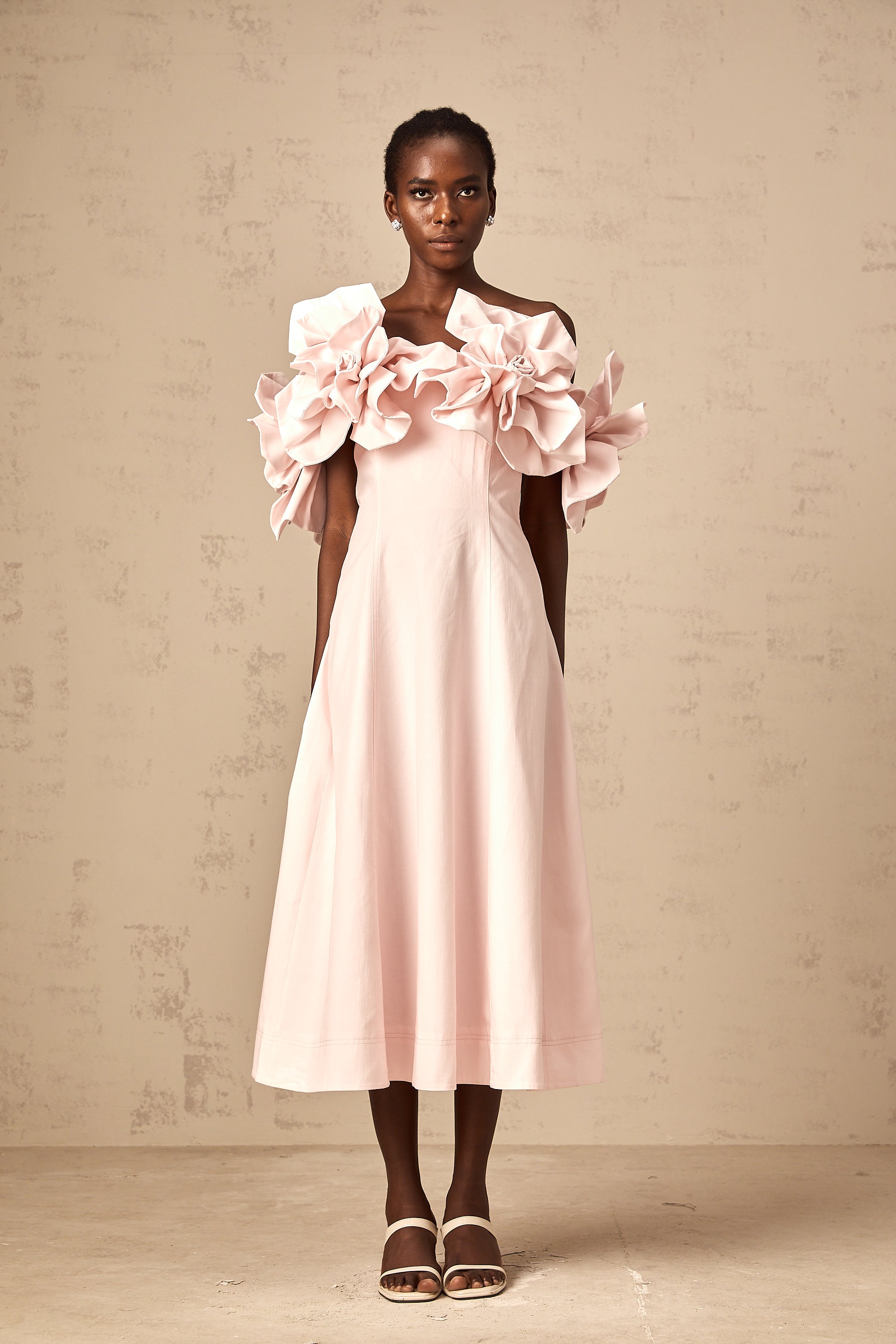 Juliette pink off-shoulder 3D-petal midi dress (Final Sale)