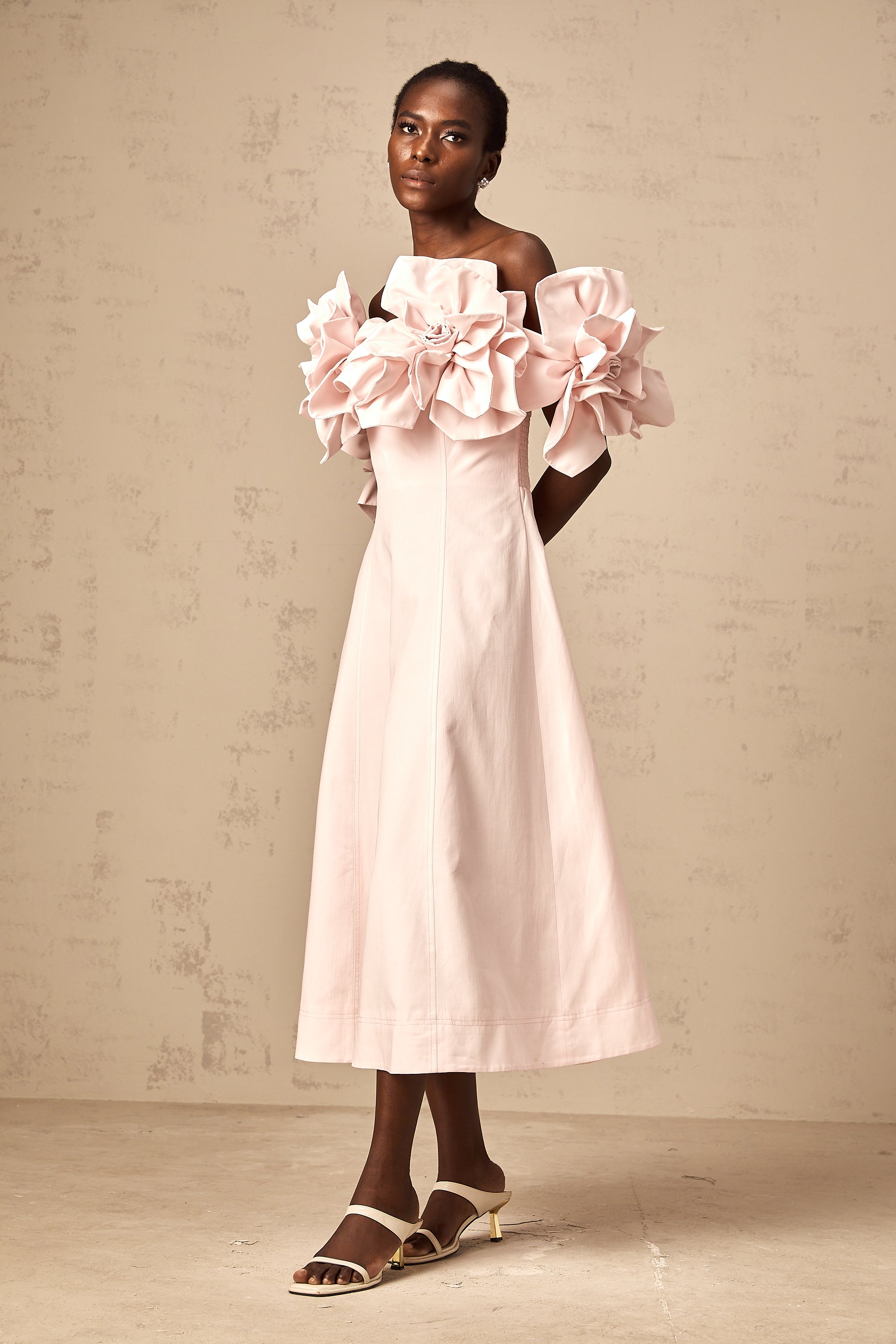 Juliette pink off-shoulder 3D-petal midi dress (Final Sale)