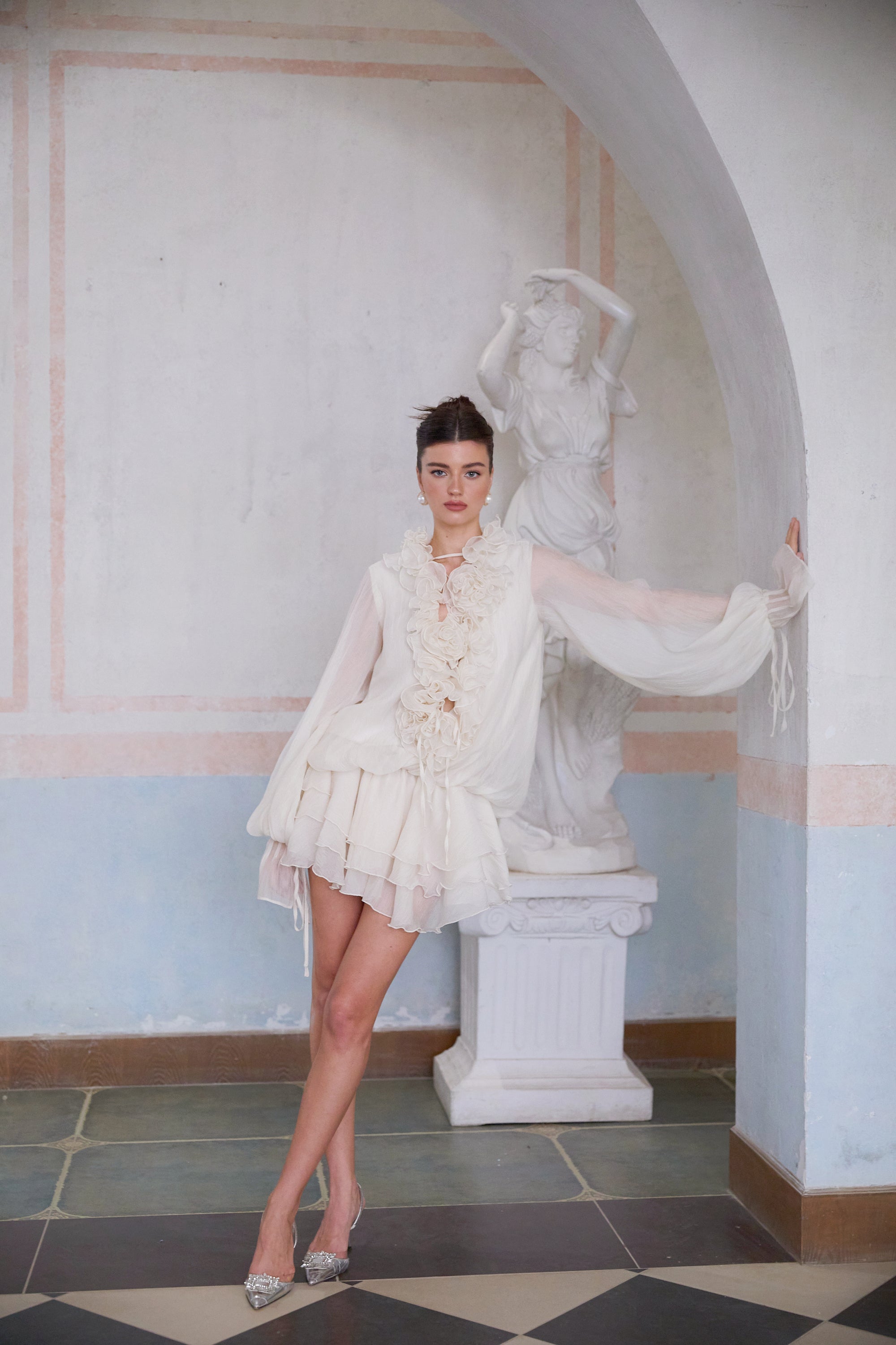 Zéphyrine Floral-Appliqué Tiered Mini Dress in Neutrals