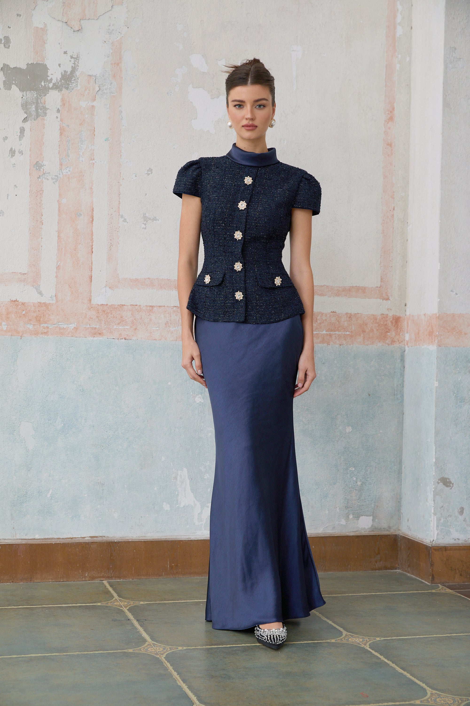 Josette Blue Peplum-Waist Paneled Maxi Dress
