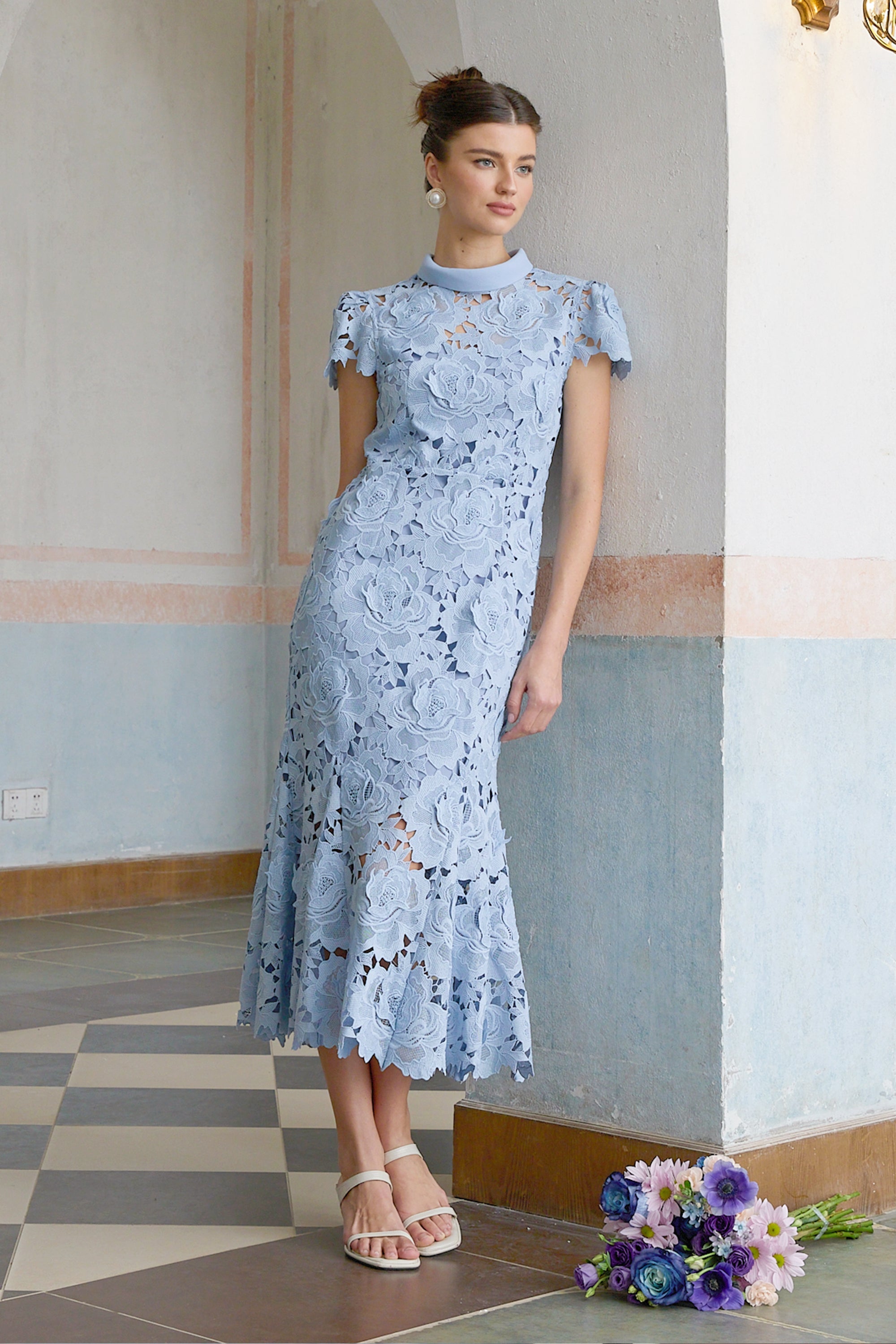 Aurore Blue Floral Appliqué Lace Midi Dress (Final Sale)