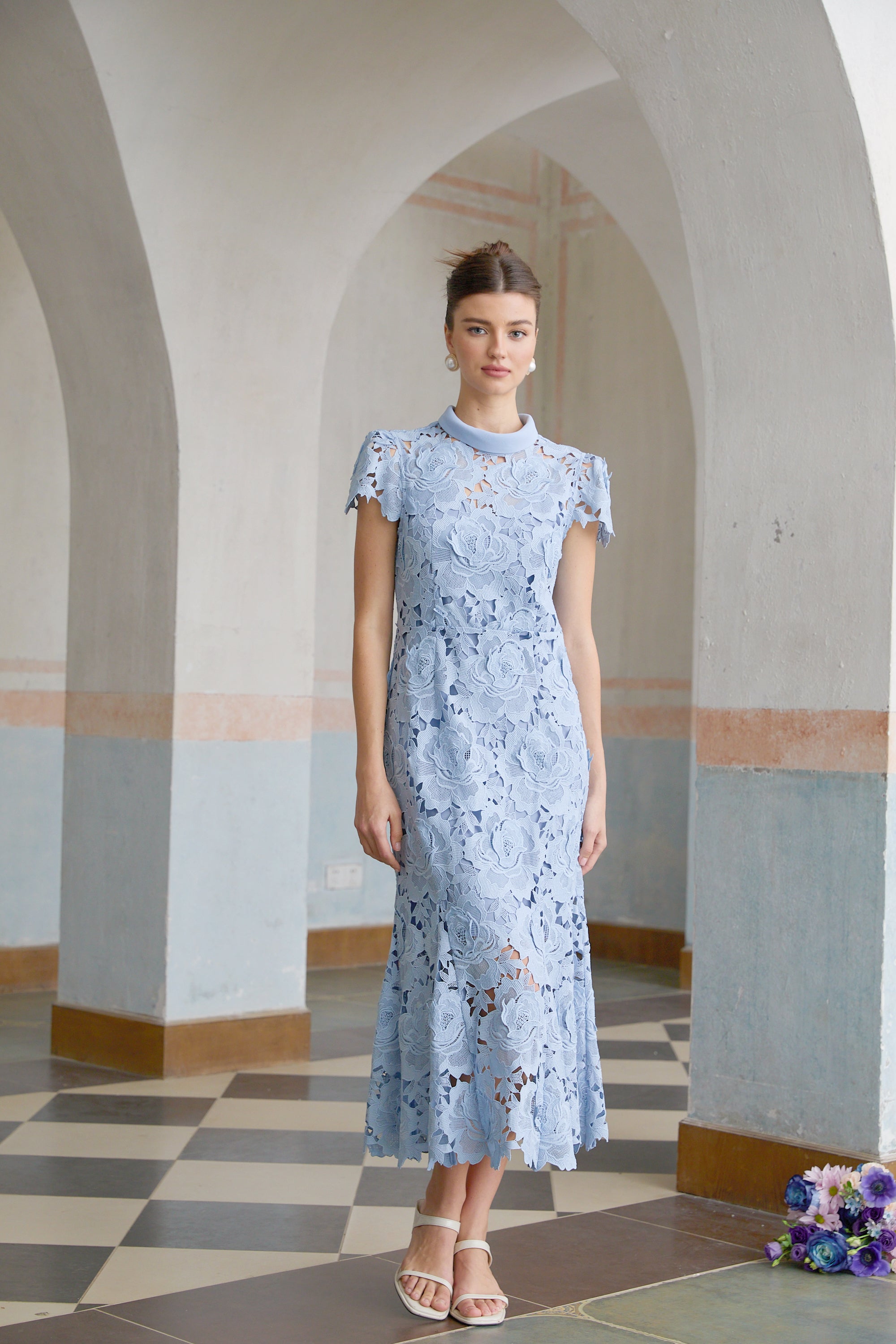 Aurore Blue Floral Appliqué Lace Midi Dress (Final Sale)